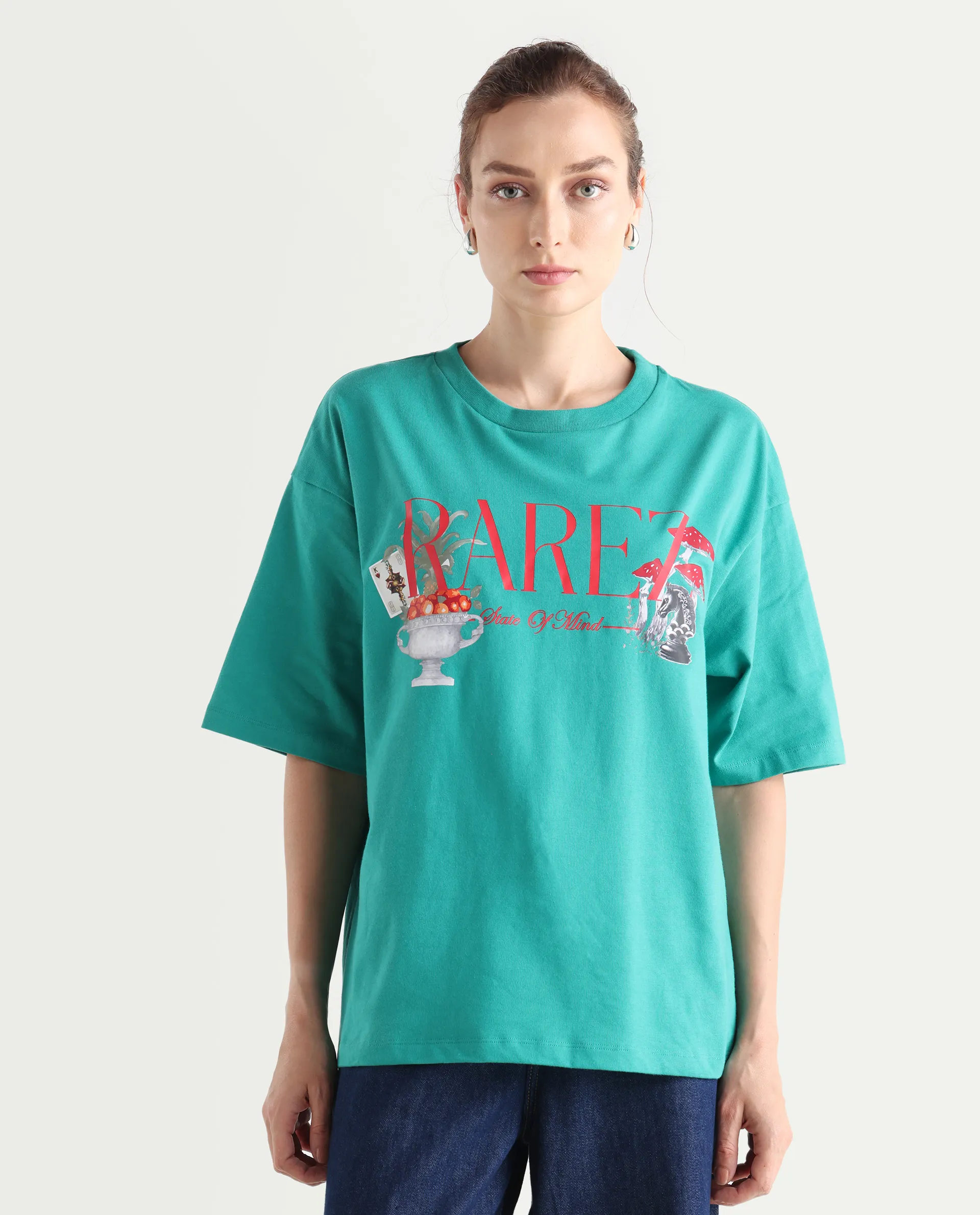 Rareism Women's Xena Green Cotton Crew Neck Graphic Print Oversized T-Shirt - Image 3
