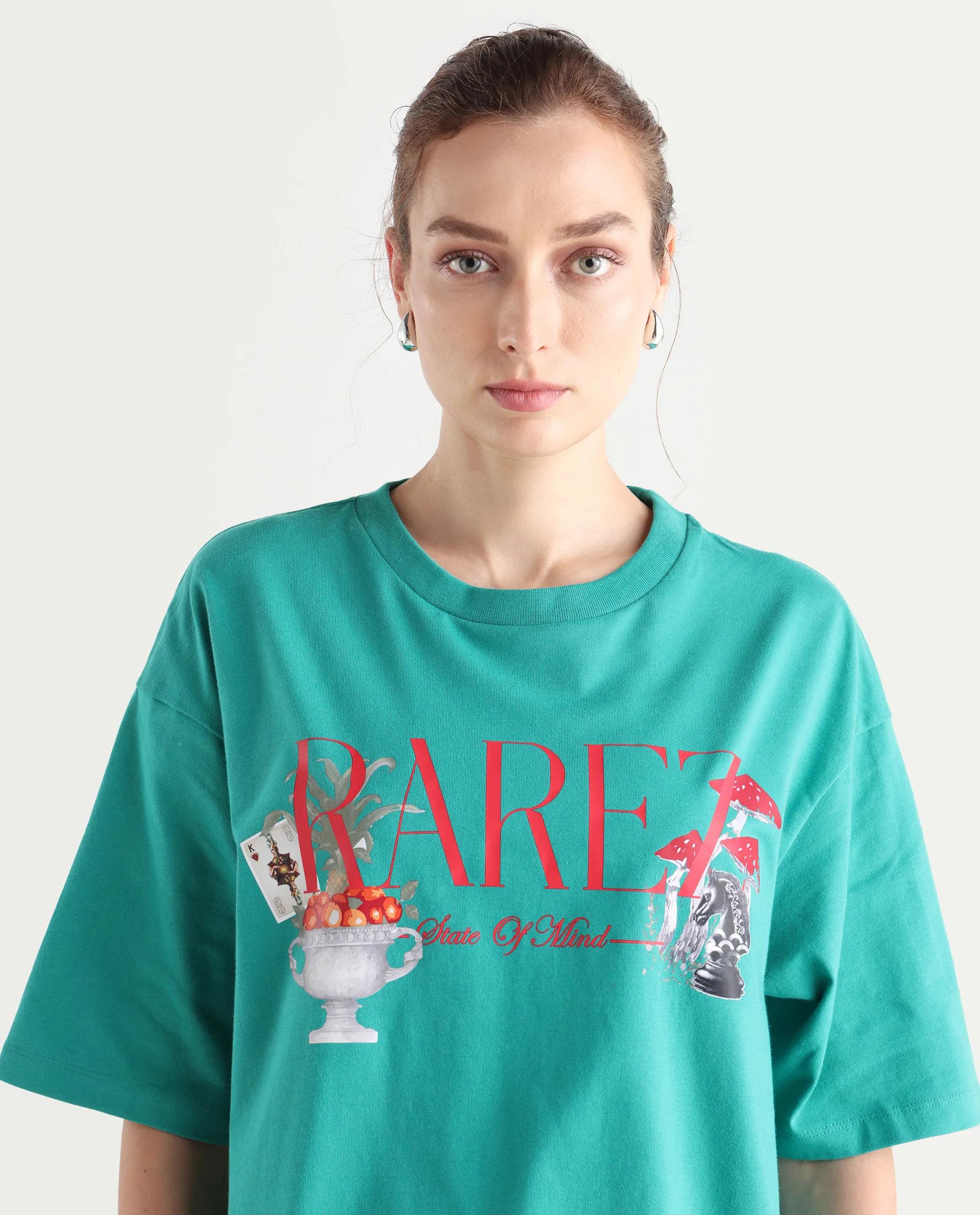 Rareism Women's Xena Green Cotton Crew Neck Graphic Print Oversized T-Shirt - Image 4