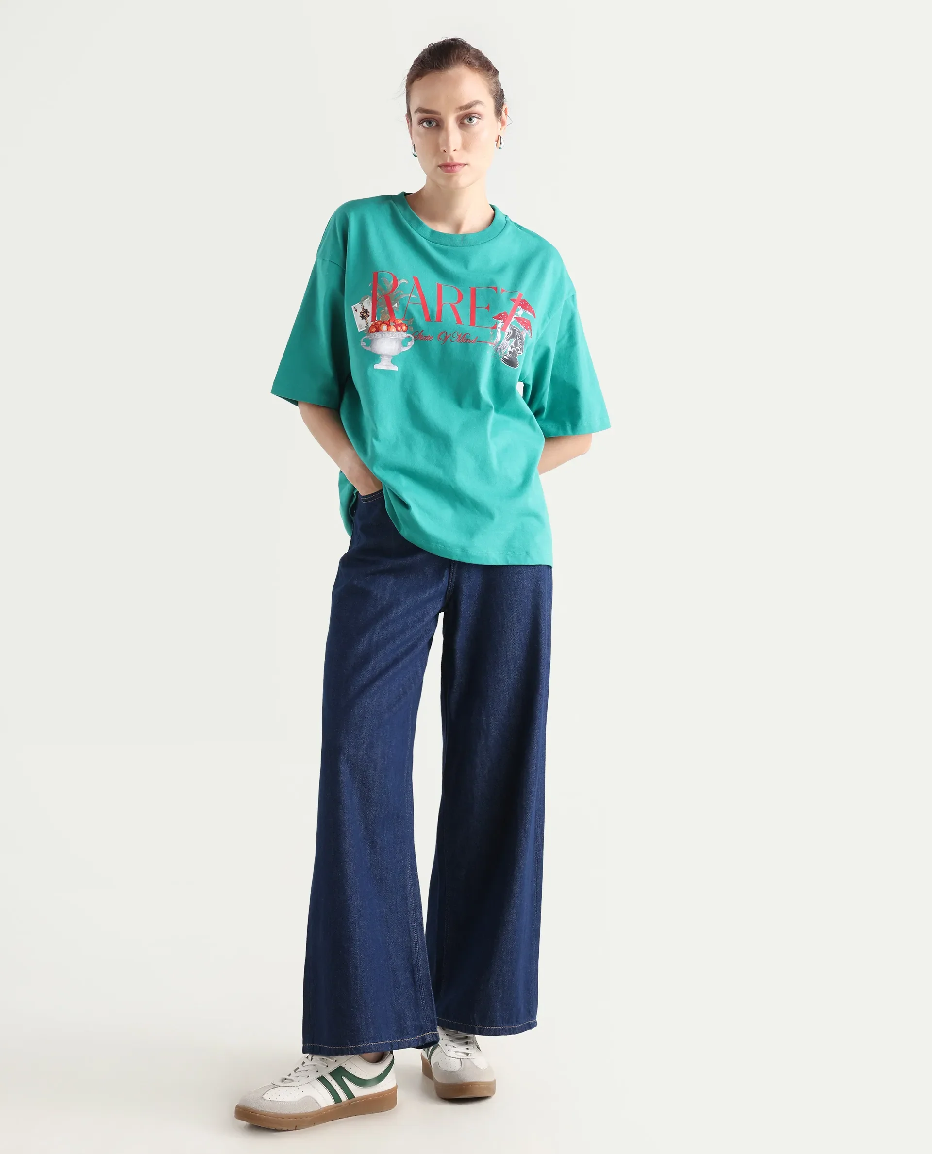 Rareism Women's Xena Green Cotton Crew Neck Graphic Print Oversized T-Shirt - Image 5