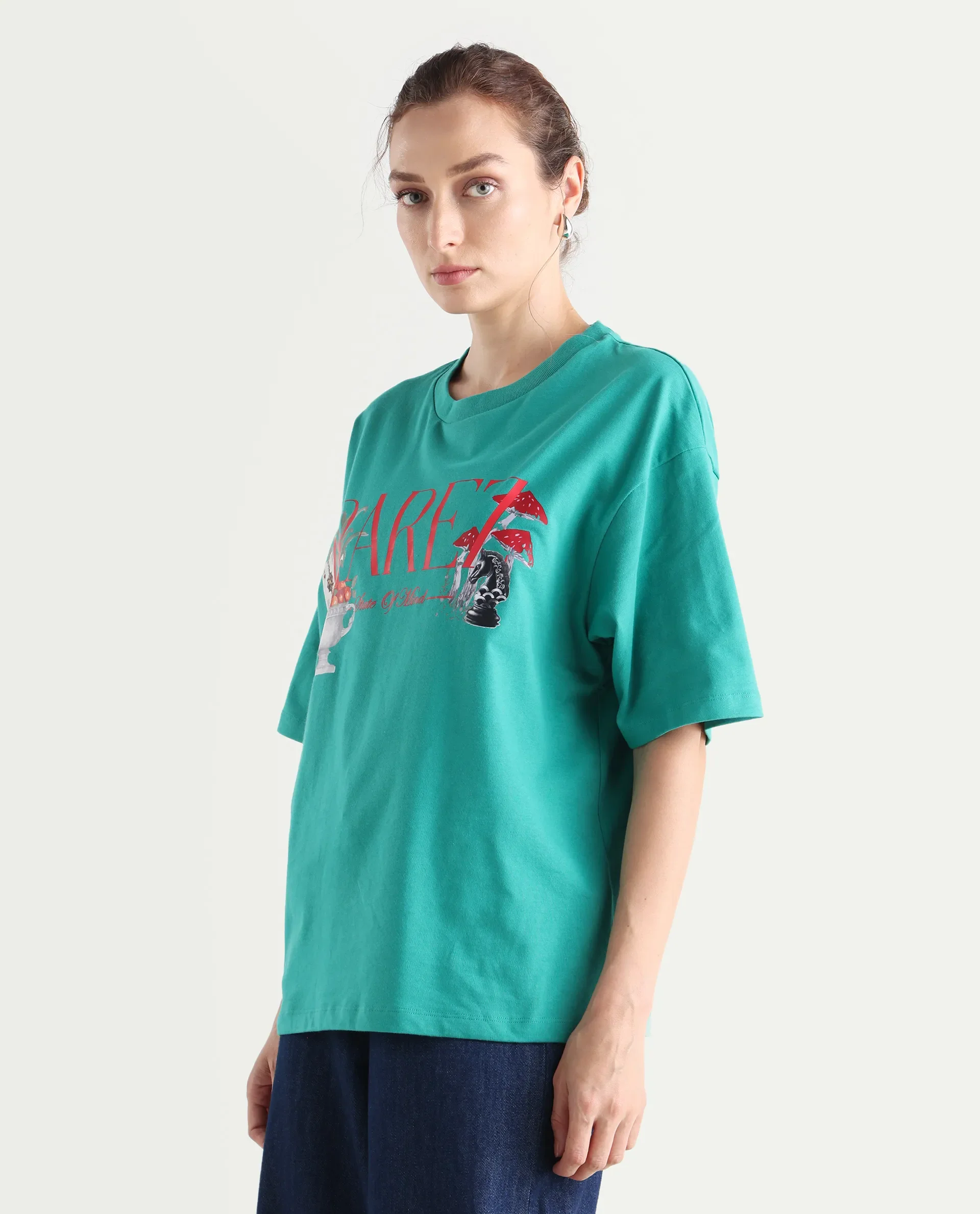 Rareism Women's Xena Green Cotton Crew Neck Graphic Print Oversized T-Shirt - Image 6