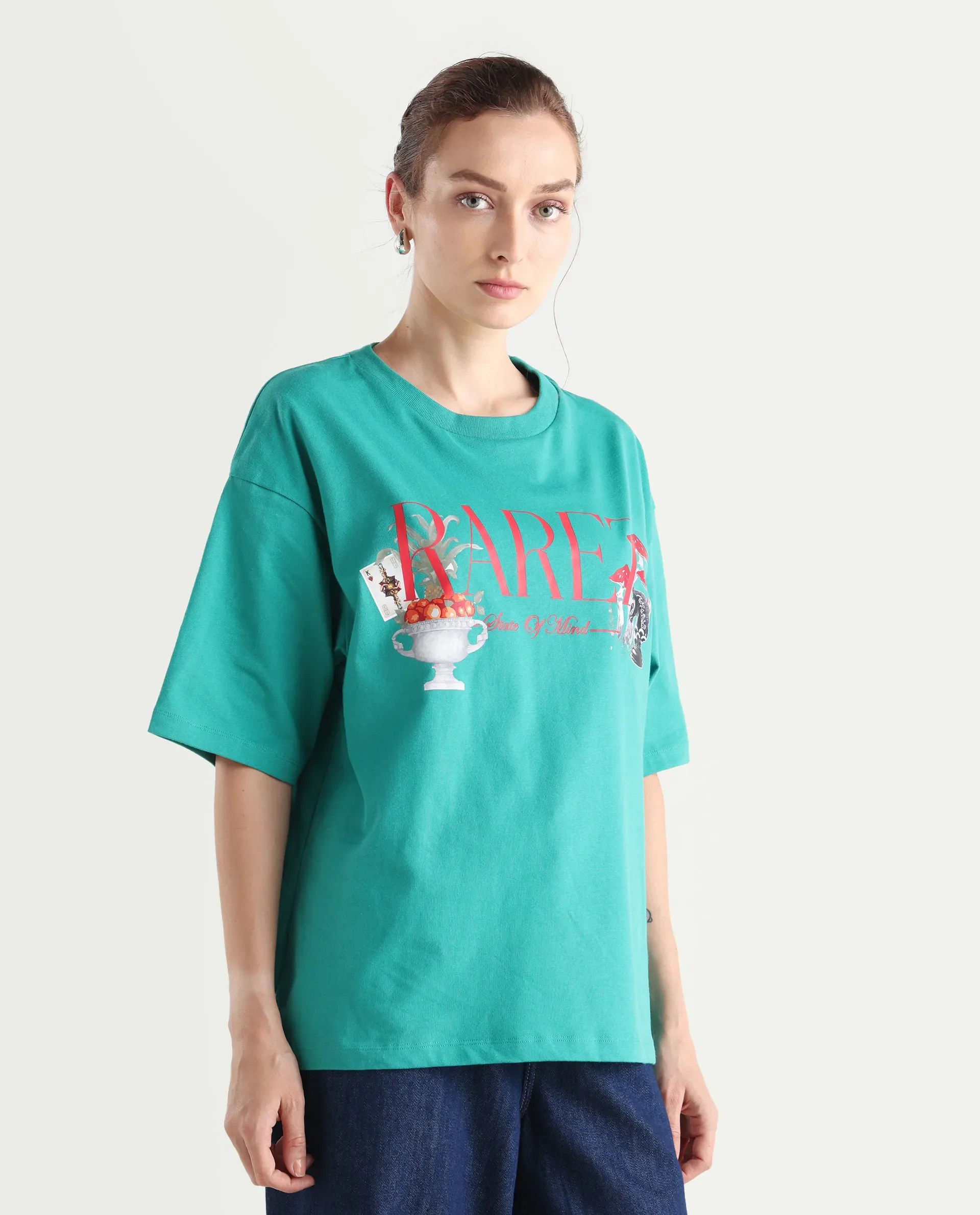 Rareism Women's Xena Green Cotton Crew Neck Graphic Print Oversized T-Shirt - Image 7