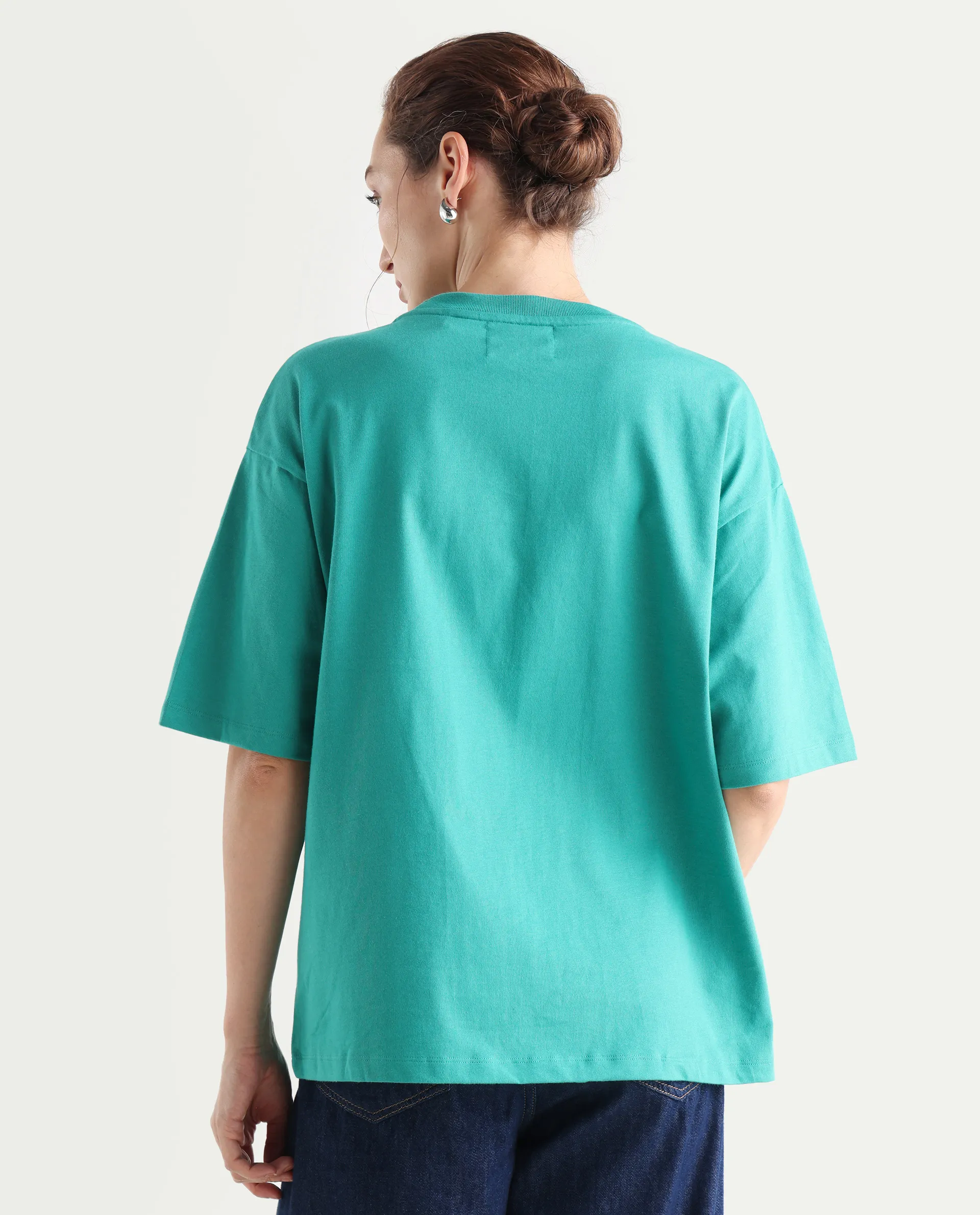Rareism Women's Xena Green Cotton Crew Neck Graphic Print Oversized T-Shirt - Image 8