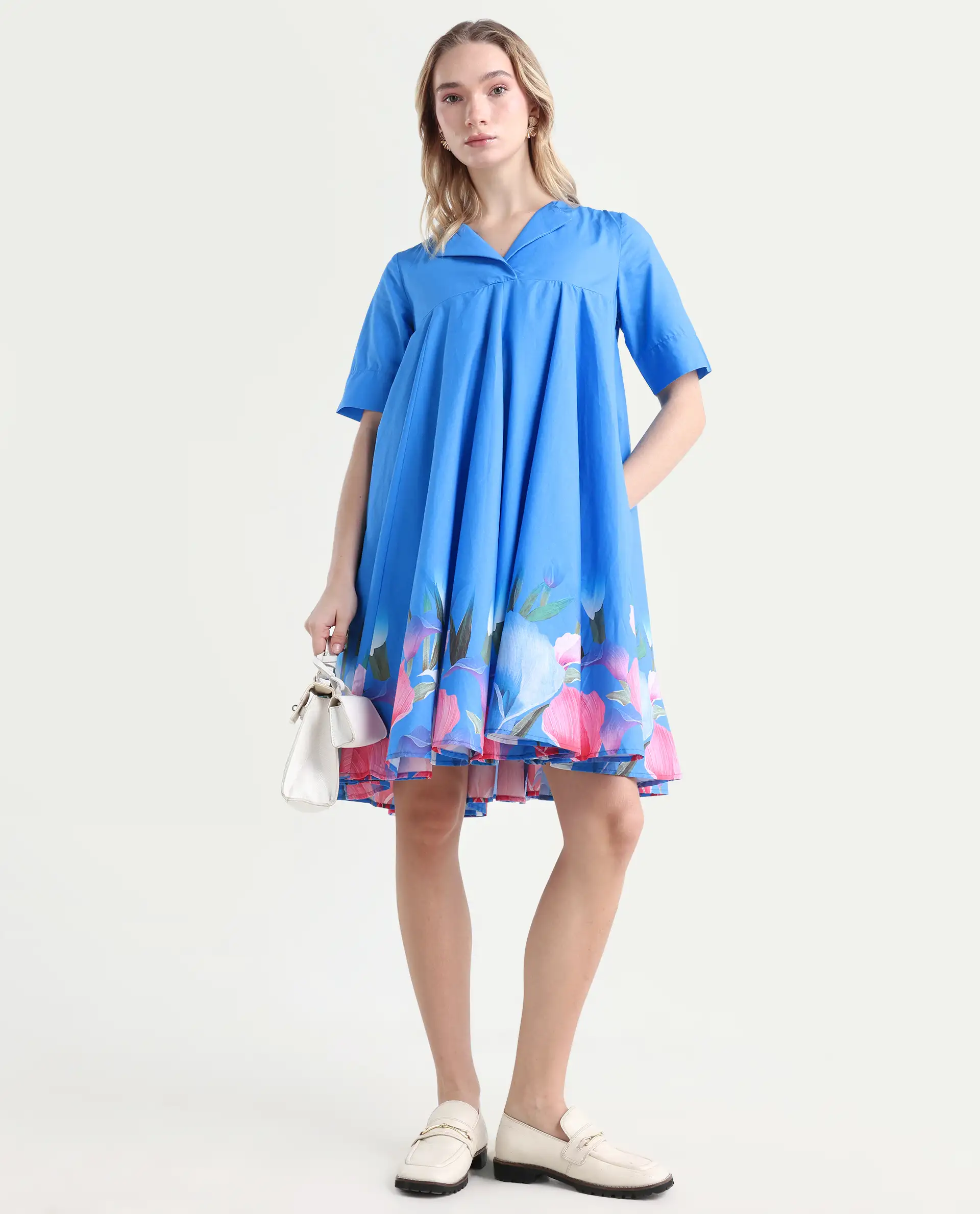 Rareism Women's Xender Blue Cotton Lapel Neck Floral Print Mini Flared Dress - Image 2