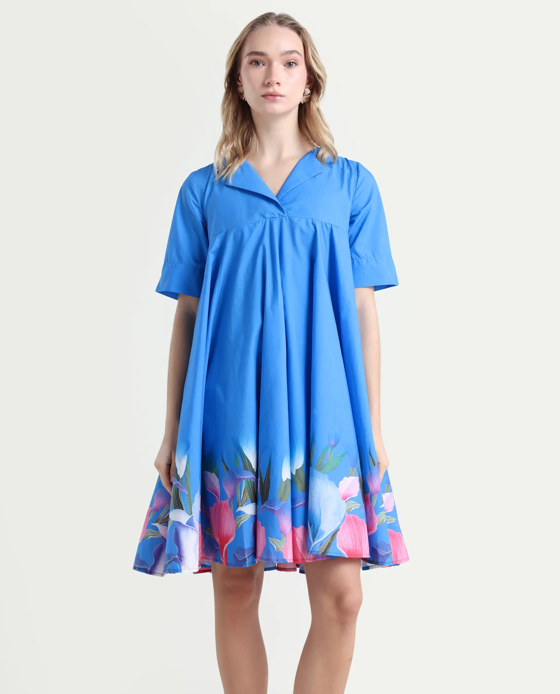 Rareism Women's Xender Blue Cotton Lapel Neck Floral Print Mini Flared Dress - Image 3