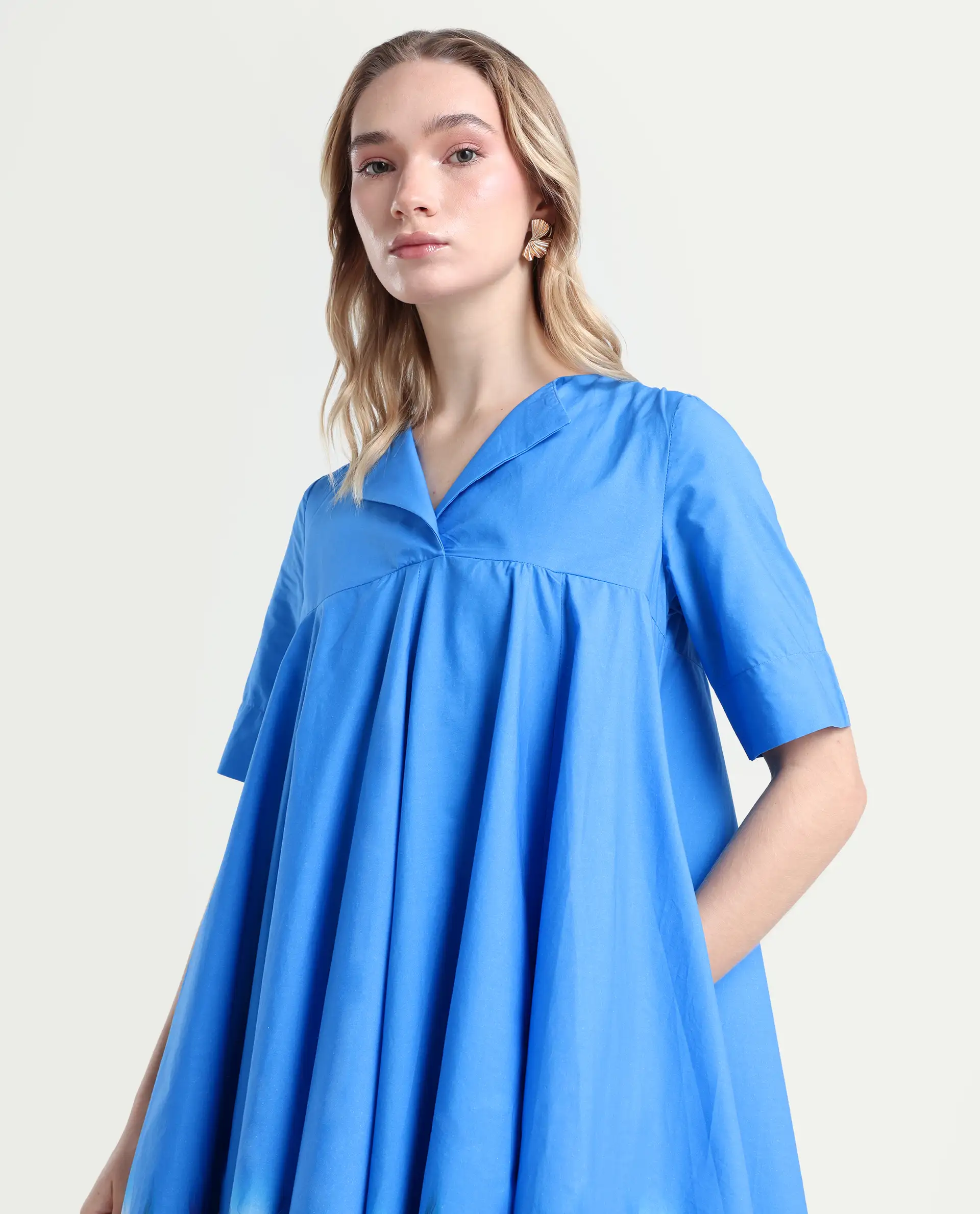 Rareism Women's Xender Blue Cotton Lapel Neck Floral Print Mini Flared Dress - Image 4