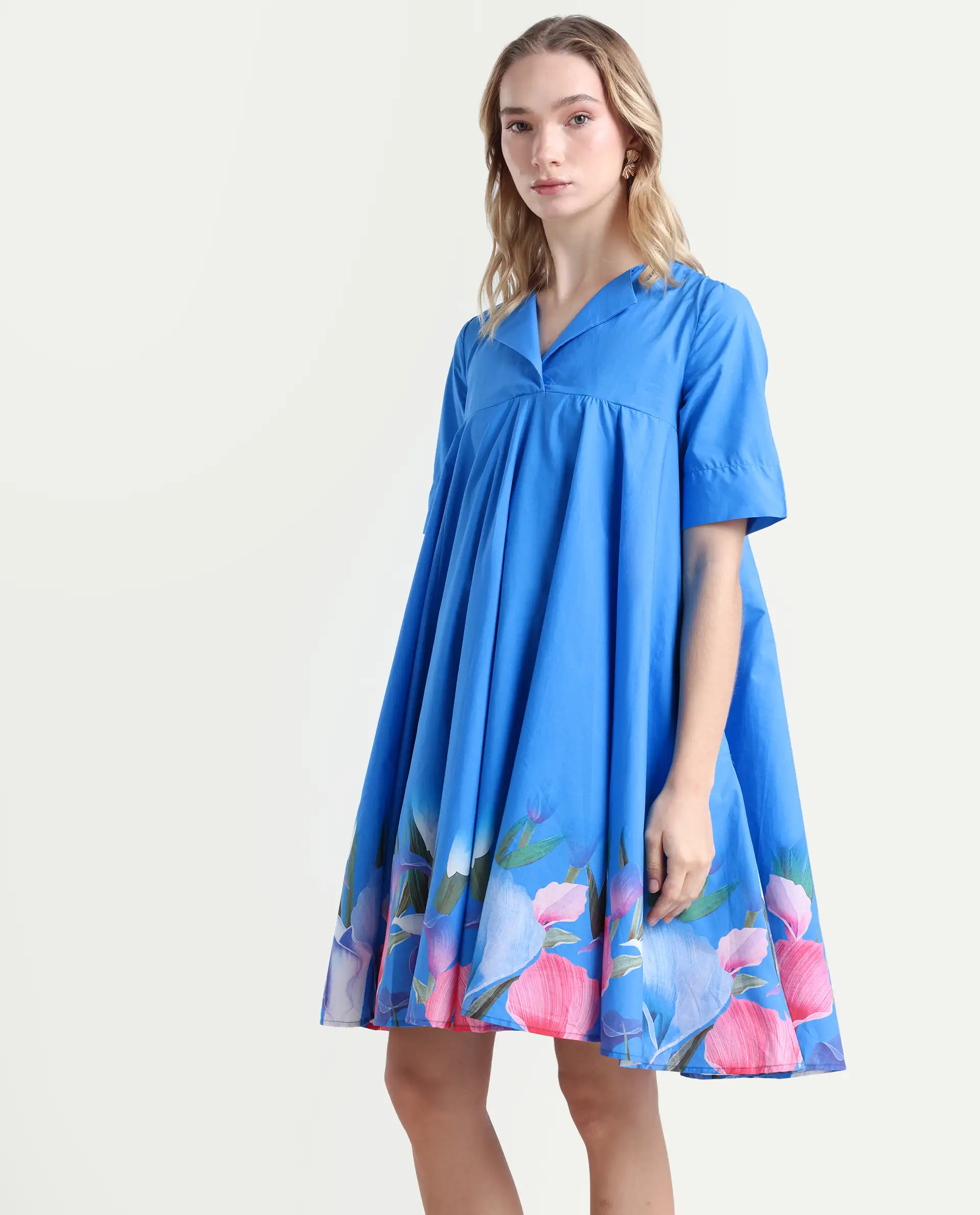 Rareism Women's Xender Blue Cotton Lapel Neck Floral Print Mini Flared Dress - Image 5