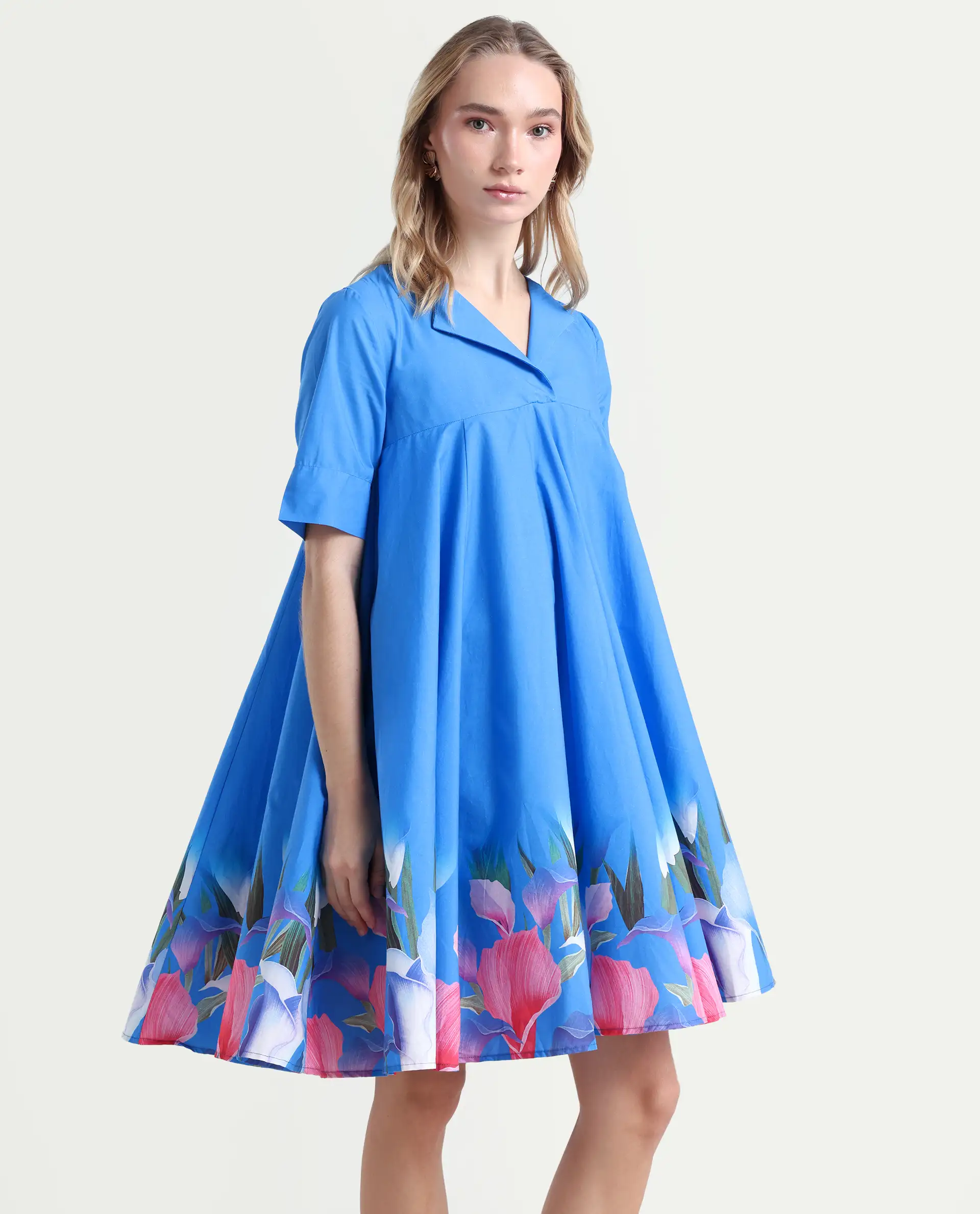 Rareism Women's Xender Blue Cotton Lapel Neck Floral Print Mini Flared Dress - Image 6