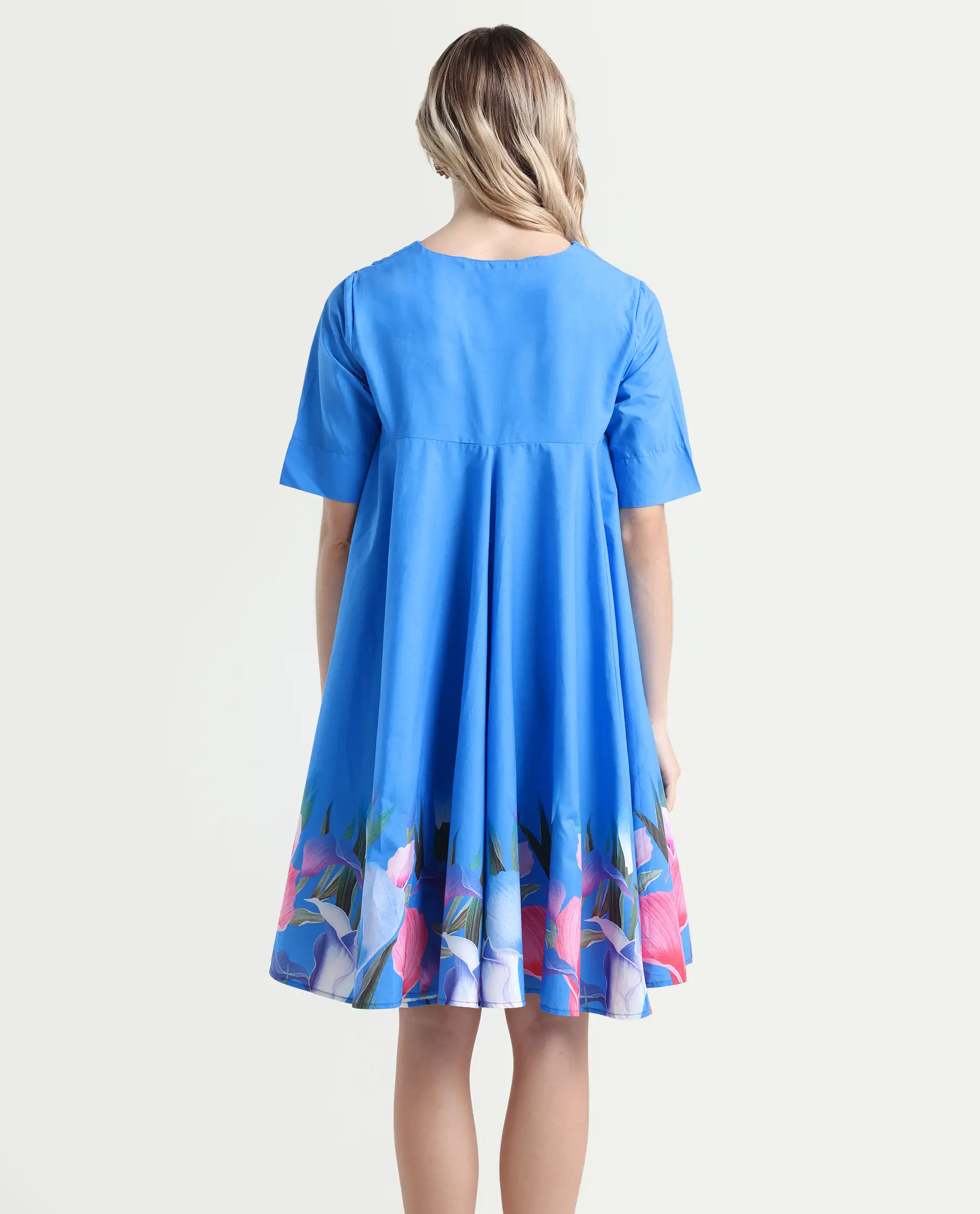 Rareism Women's Xender Blue Cotton Lapel Neck Floral Print Mini Flared Dress - Image 7