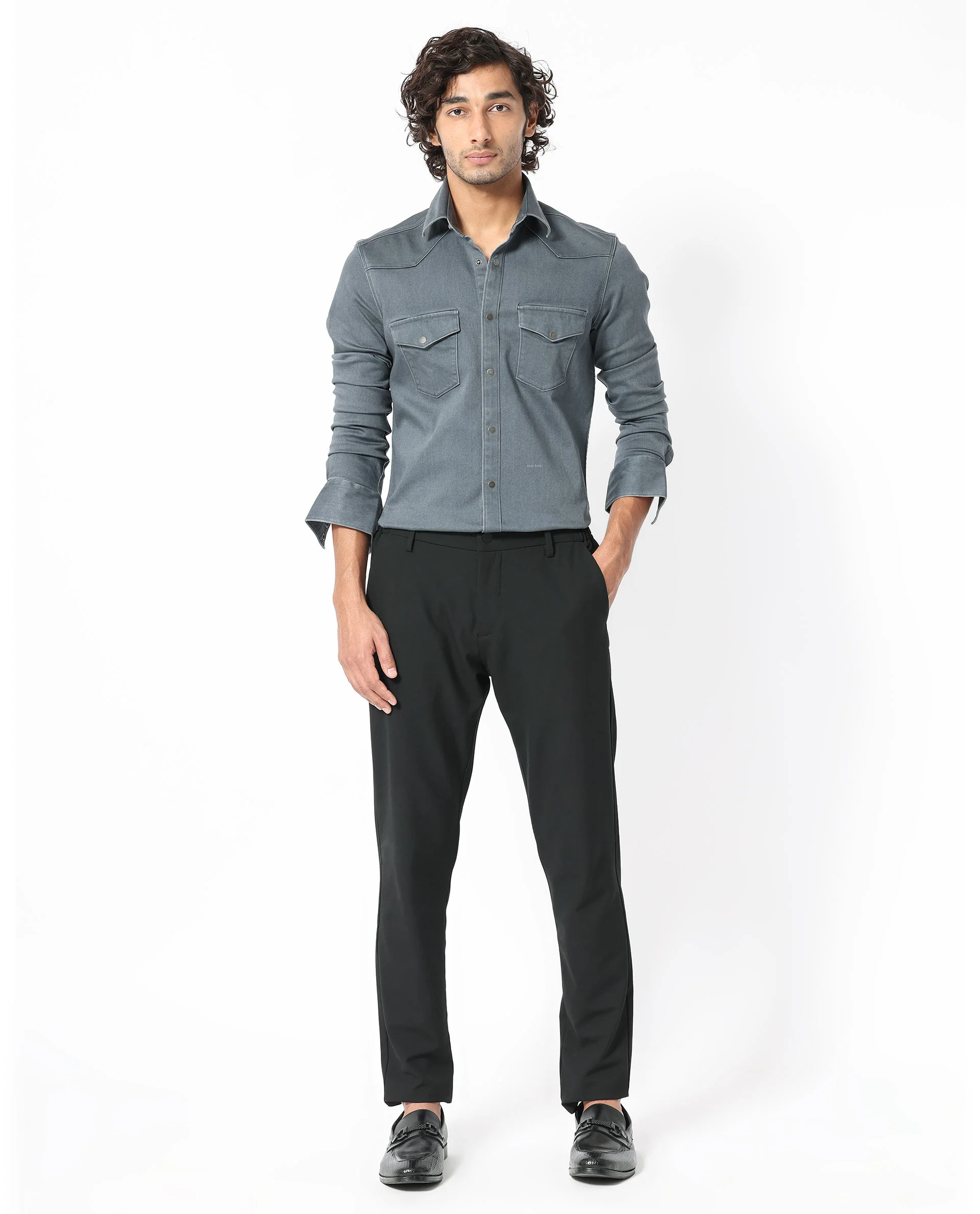 Rare Rabbit Men's Xenon Grey Cotton Plain Tailored Fit Full Sleeve Collared Shirt - Image 4
