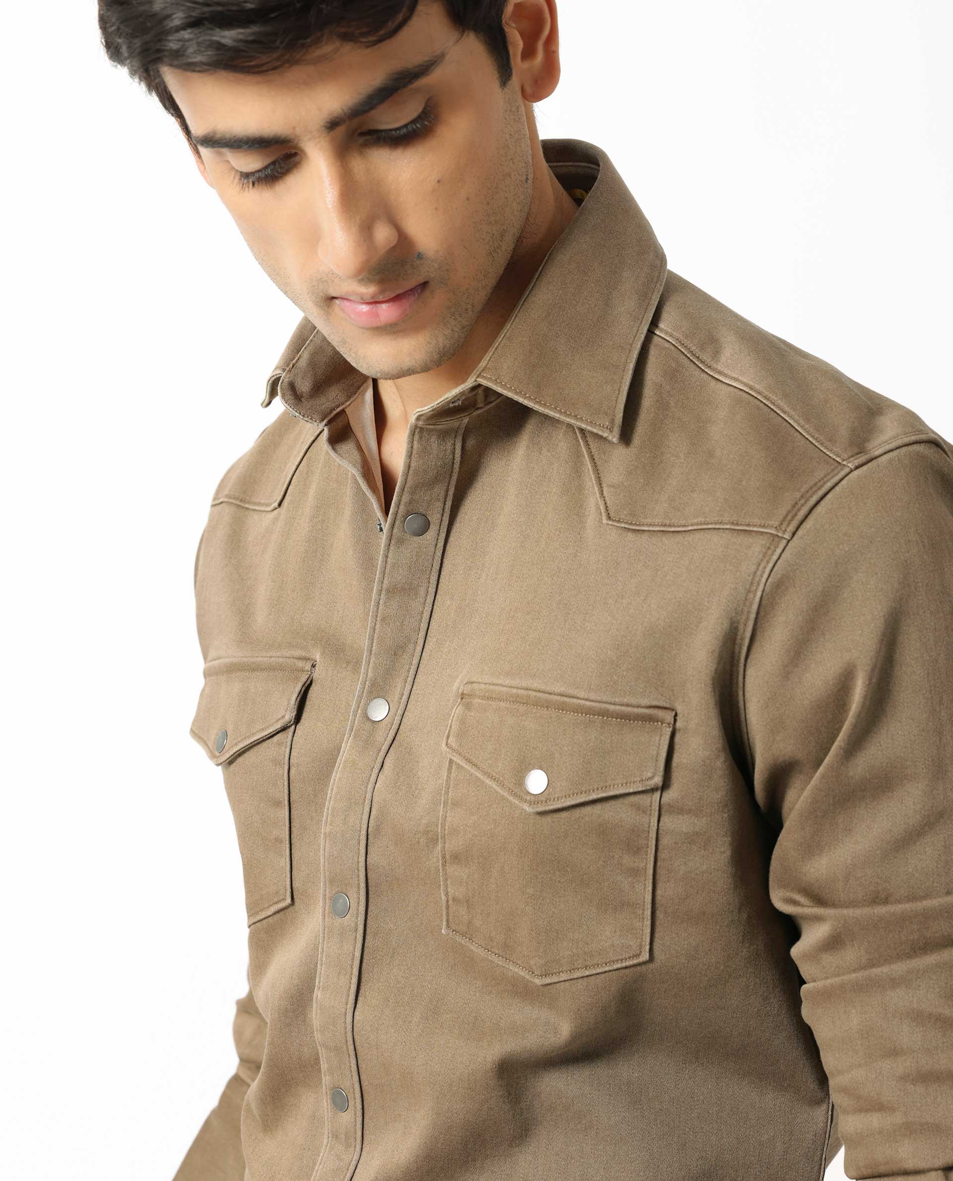 Rare Rabbit Men's Xenon Khaki Cotton Plain Regular Fit Spread Collar Shirt - Image 2