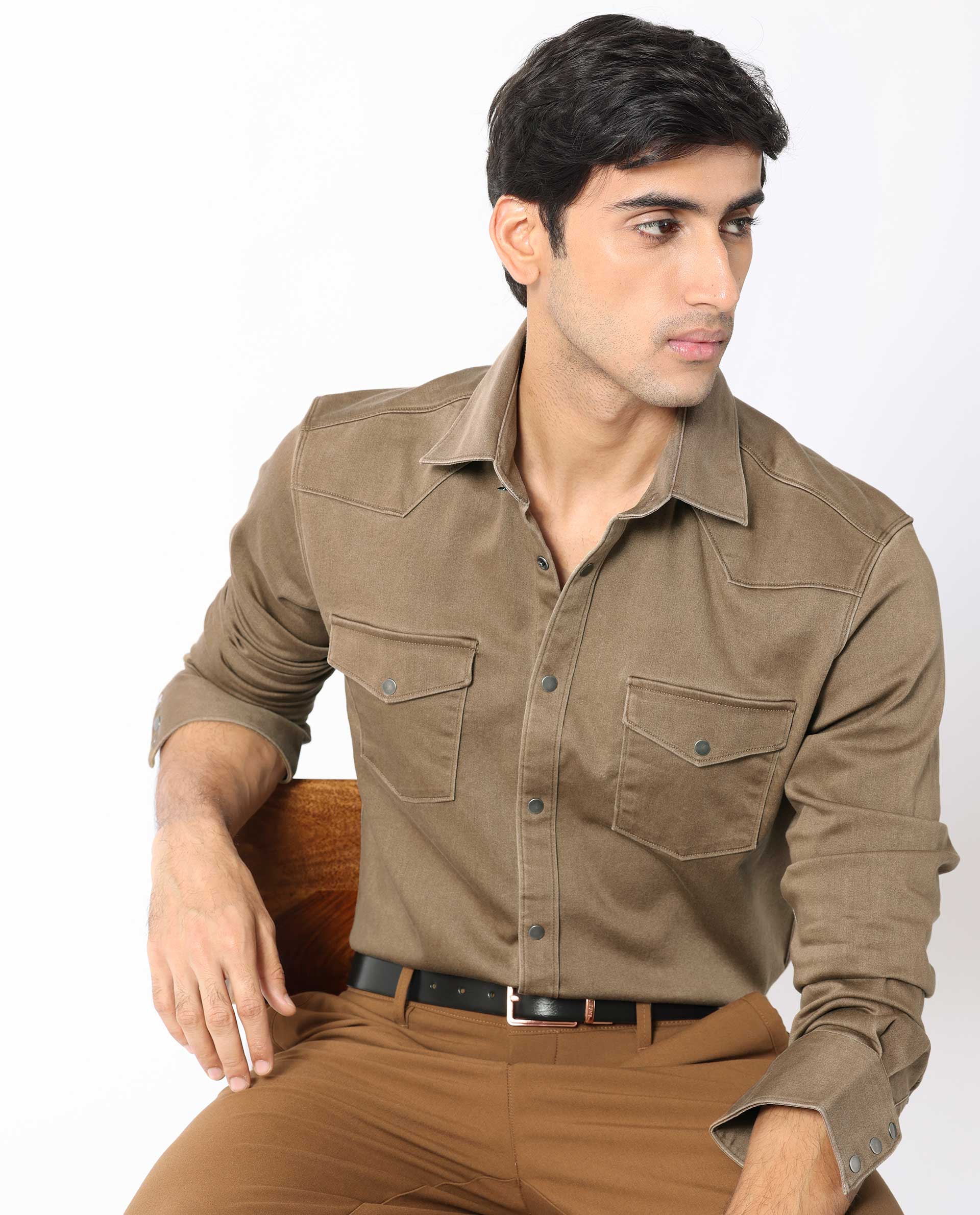 Rare Rabbit Men's Xenon Khaki Cotton Plain Regular Fit Spread Collar Shirt - Image 3