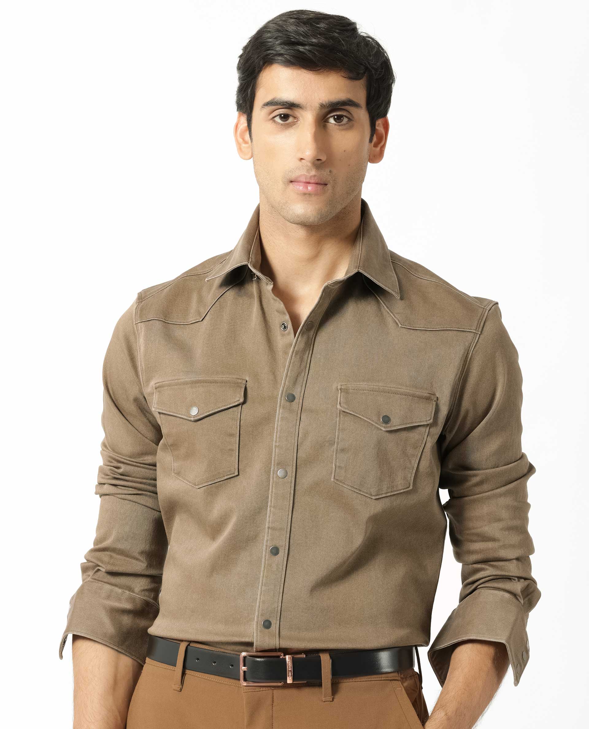 Rare Rabbit Men's Xenon Khaki Cotton Plain Regular Fit Spread Collar Shirt - Image 4