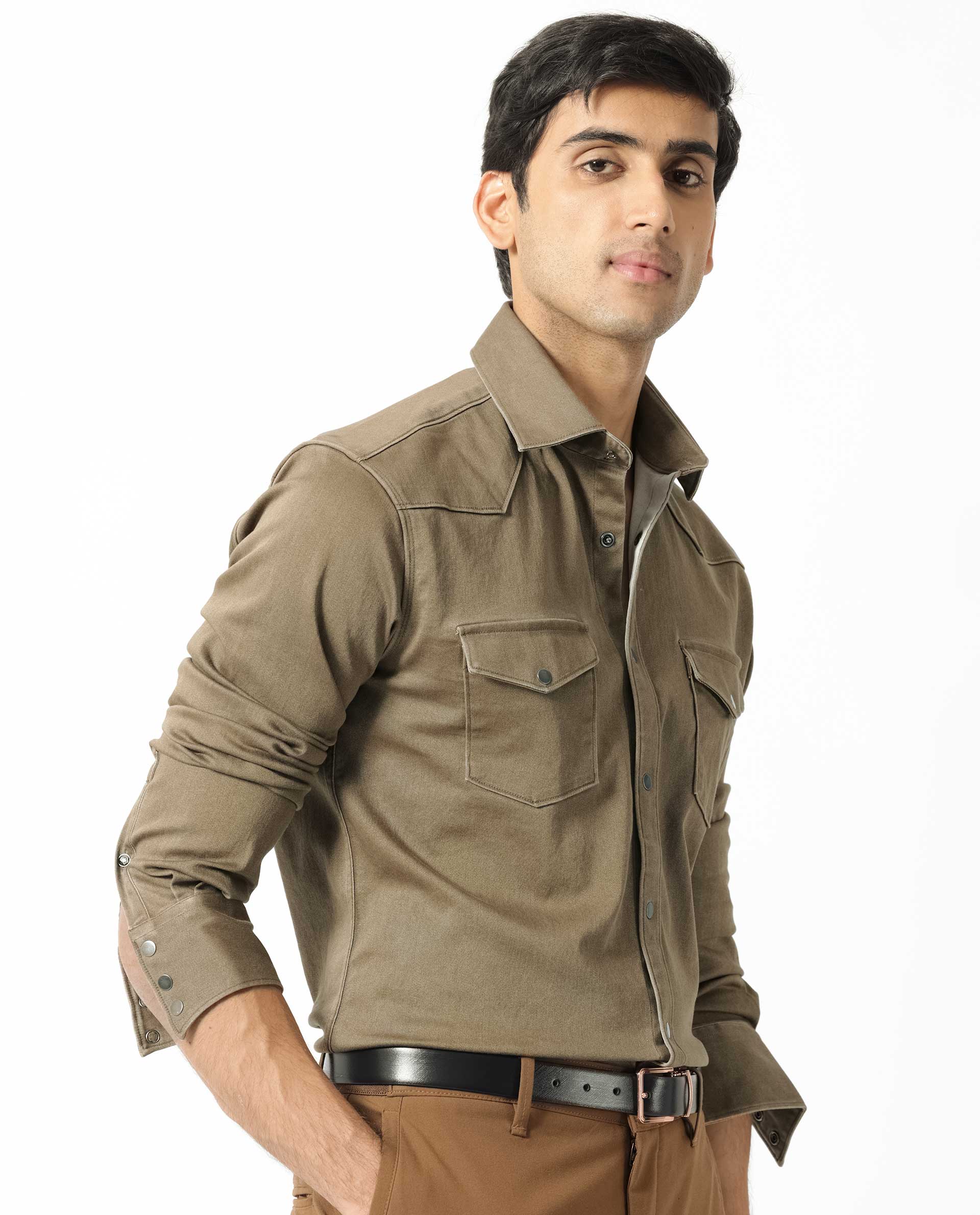 Rare Rabbit Men's Xenon Khaki Cotton Plain Regular Fit Spread Collar Shirt - Image 5