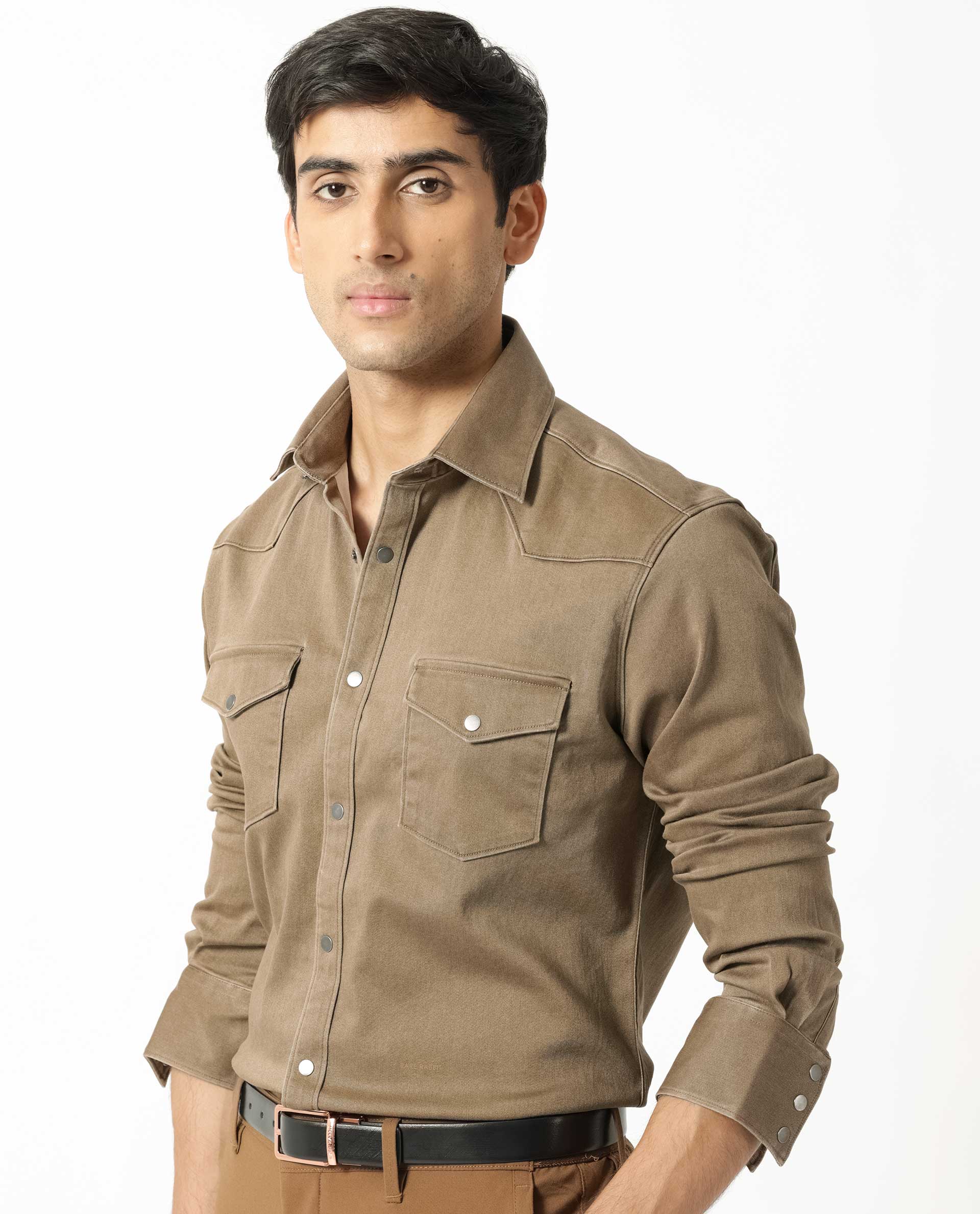 Rare Rabbit Men's Xenon Khaki Cotton Plain Regular Fit Spread Collar Shirt - Image 6