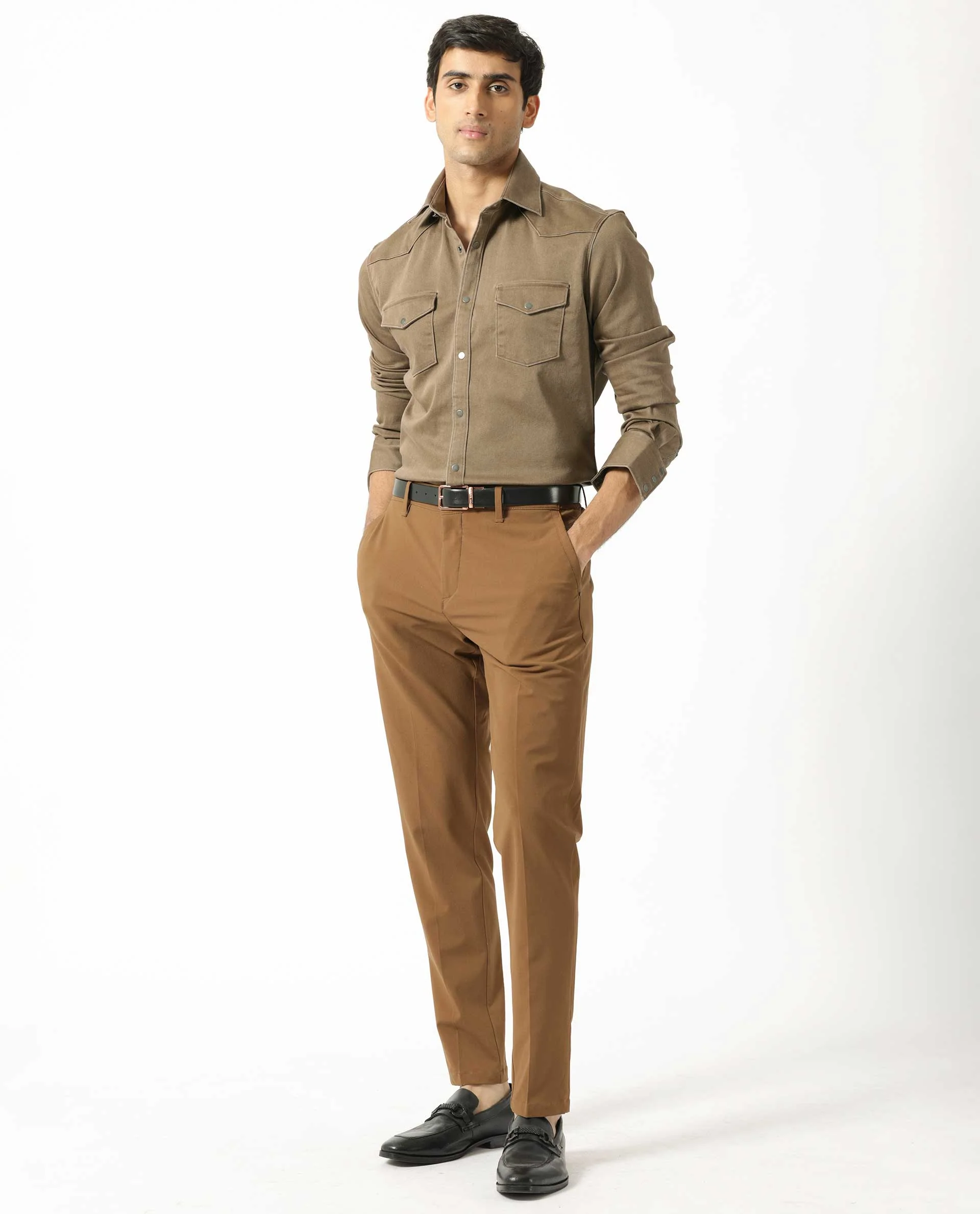Rare Rabbit Men's Xenon Khaki Cotton Plain Regular Fit Spread Collar Shirt - Image 8