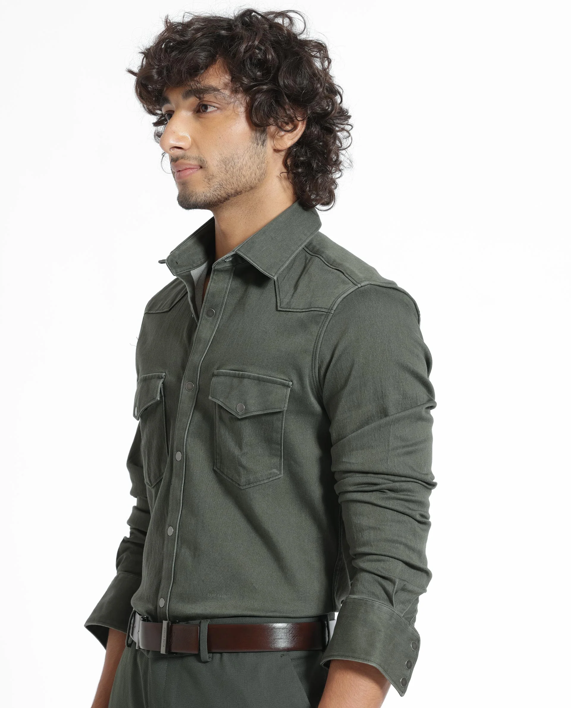 Rare Rabbit Men's Xenon Olive Cotton Plain Tailored Fit Full Sleeve Collared Shirt - Image 10