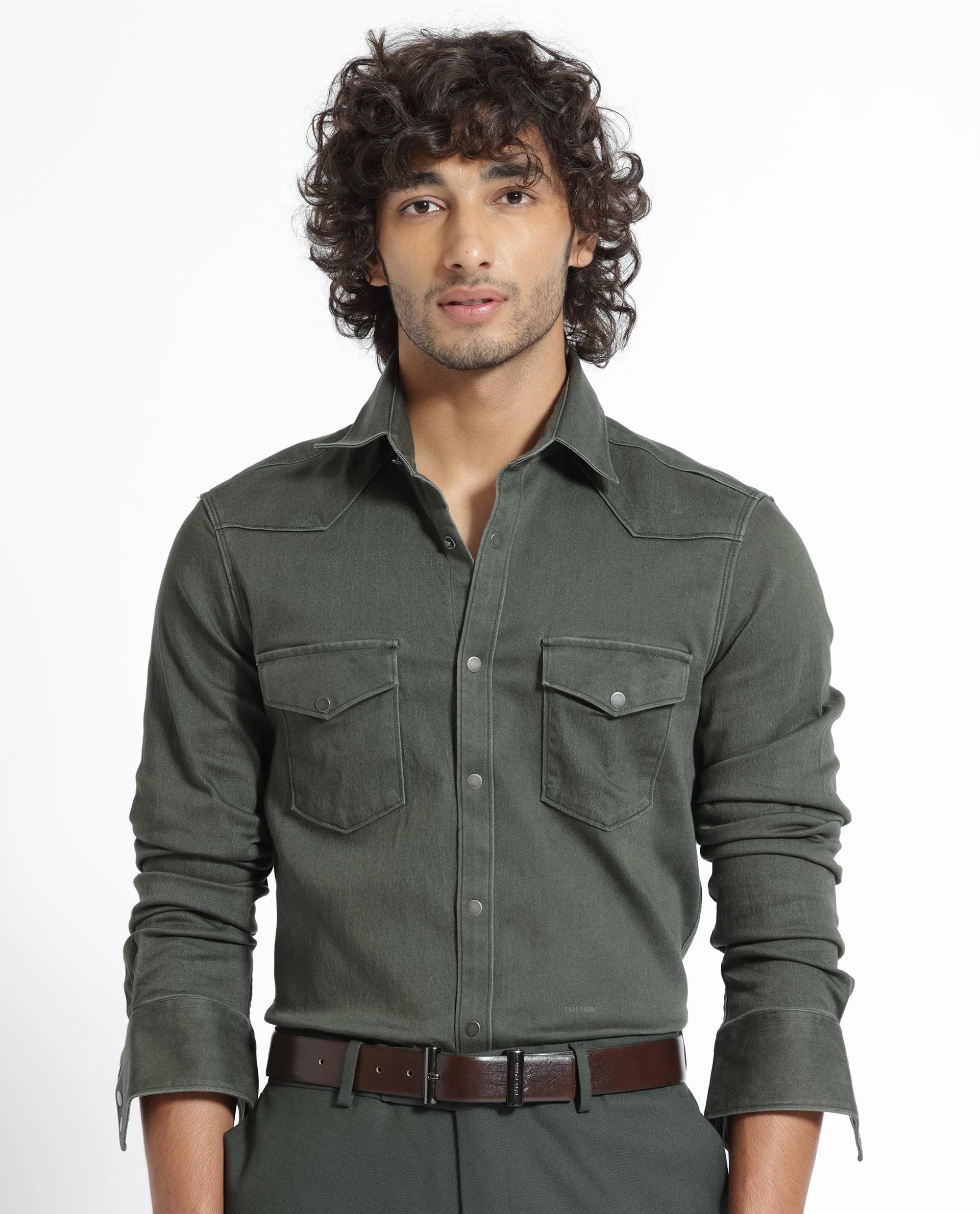 Rare Rabbit Men's Xenon Olive Cotton Plain Tailored Fit Full Sleeve Collared Shirt - Image 12