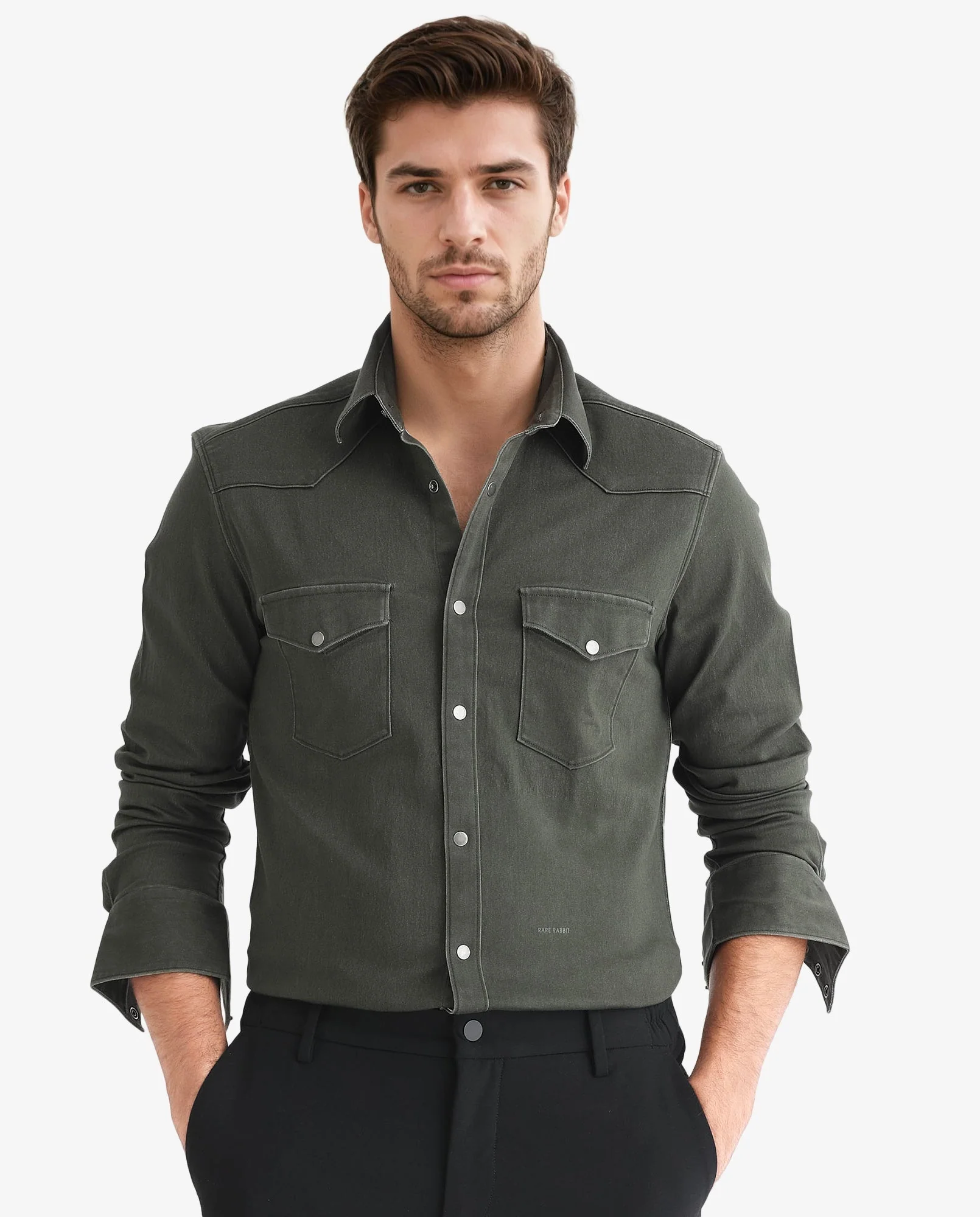 Rare Rabbit Men's Xenon Olive Cotton Plain Tailored Fit Full Sleeve Collared Shirt - Image 13