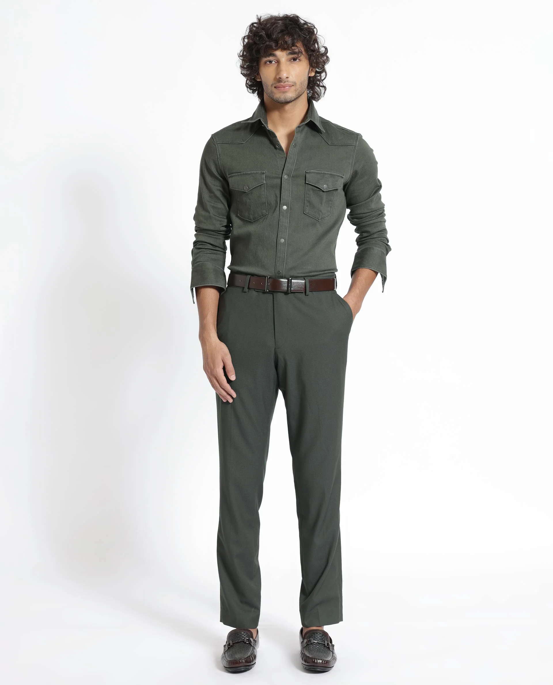Rare Rabbit Men's Xenon Olive Cotton Plain Tailored Fit Full Sleeve Collared Shirt - Image 2