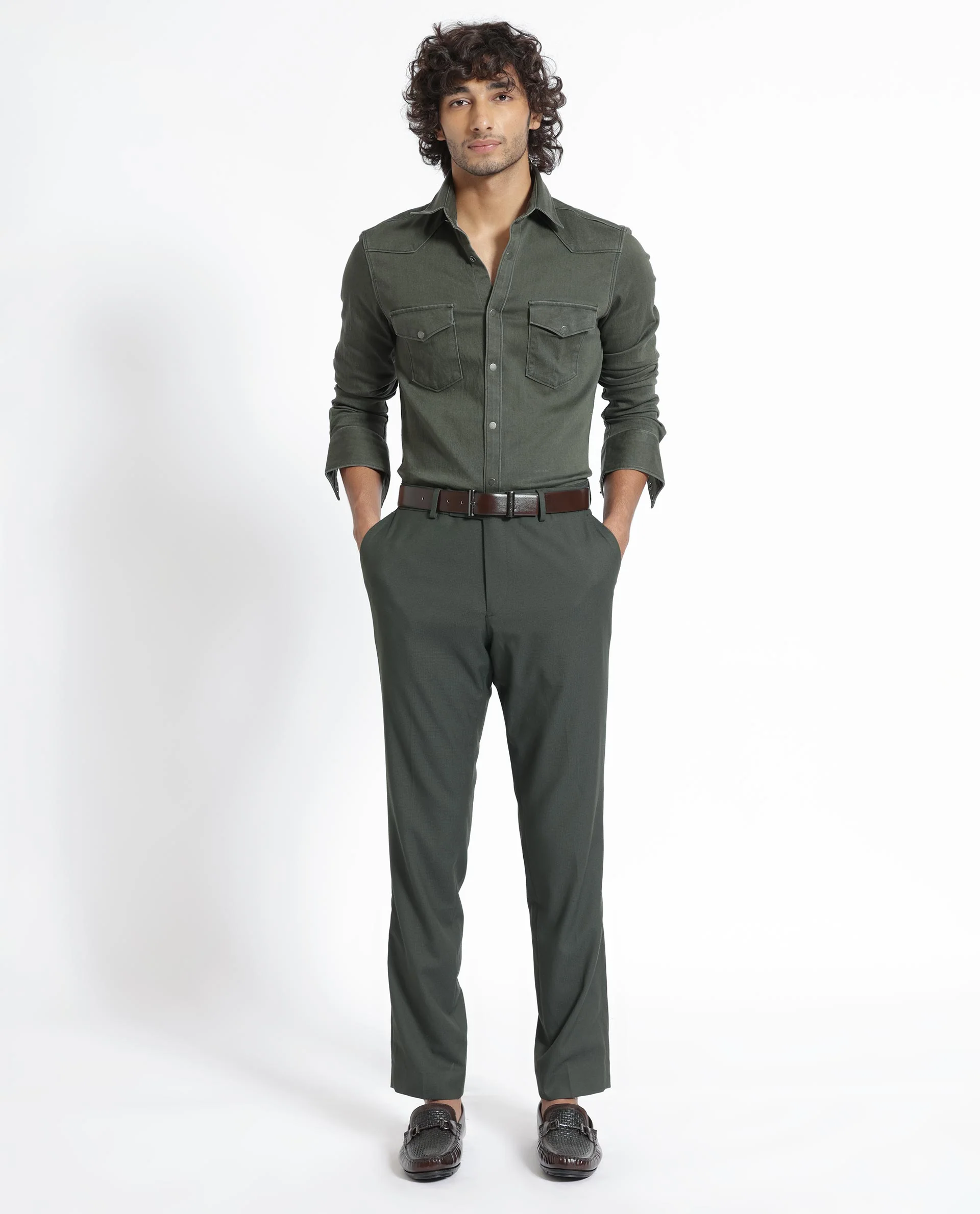 Rare Rabbit Men's Xenon Olive Cotton Plain Tailored Fit Full Sleeve Collared Shirt - Image 3