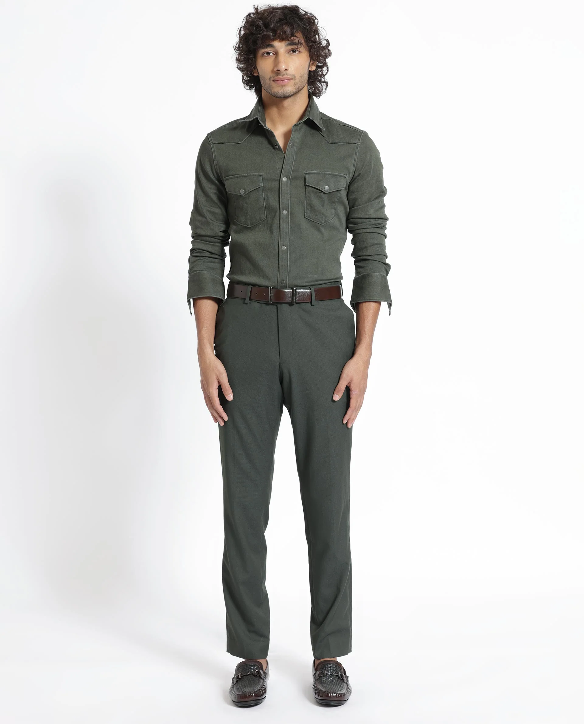 Rare Rabbit Men's Xenon Olive Cotton Plain Tailored Fit Full Sleeve Collared Shirt - Image 4