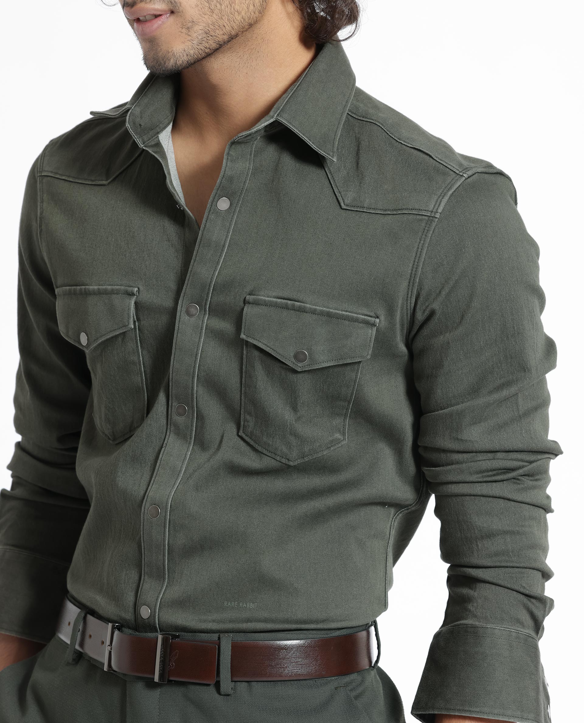 Rare Rabbit Men's Xenon Olive Cotton Plain Tailored Fit Full Sleeve Collared Shirt - Image 6