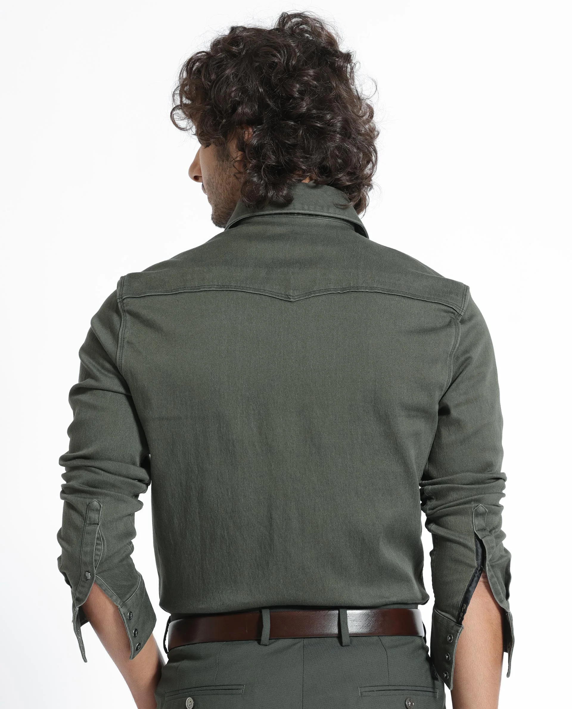 Rare Rabbit Men's Xenon Olive Cotton Plain Tailored Fit Full Sleeve Collared Shirt - Image 8