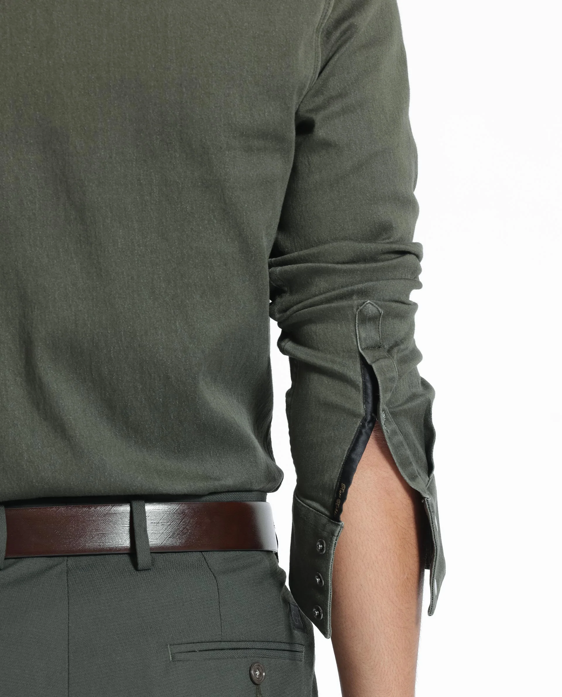 Rare Rabbit Men's Xenon Olive Cotton Plain Tailored Fit Full Sleeve Collared Shirt - Image 9