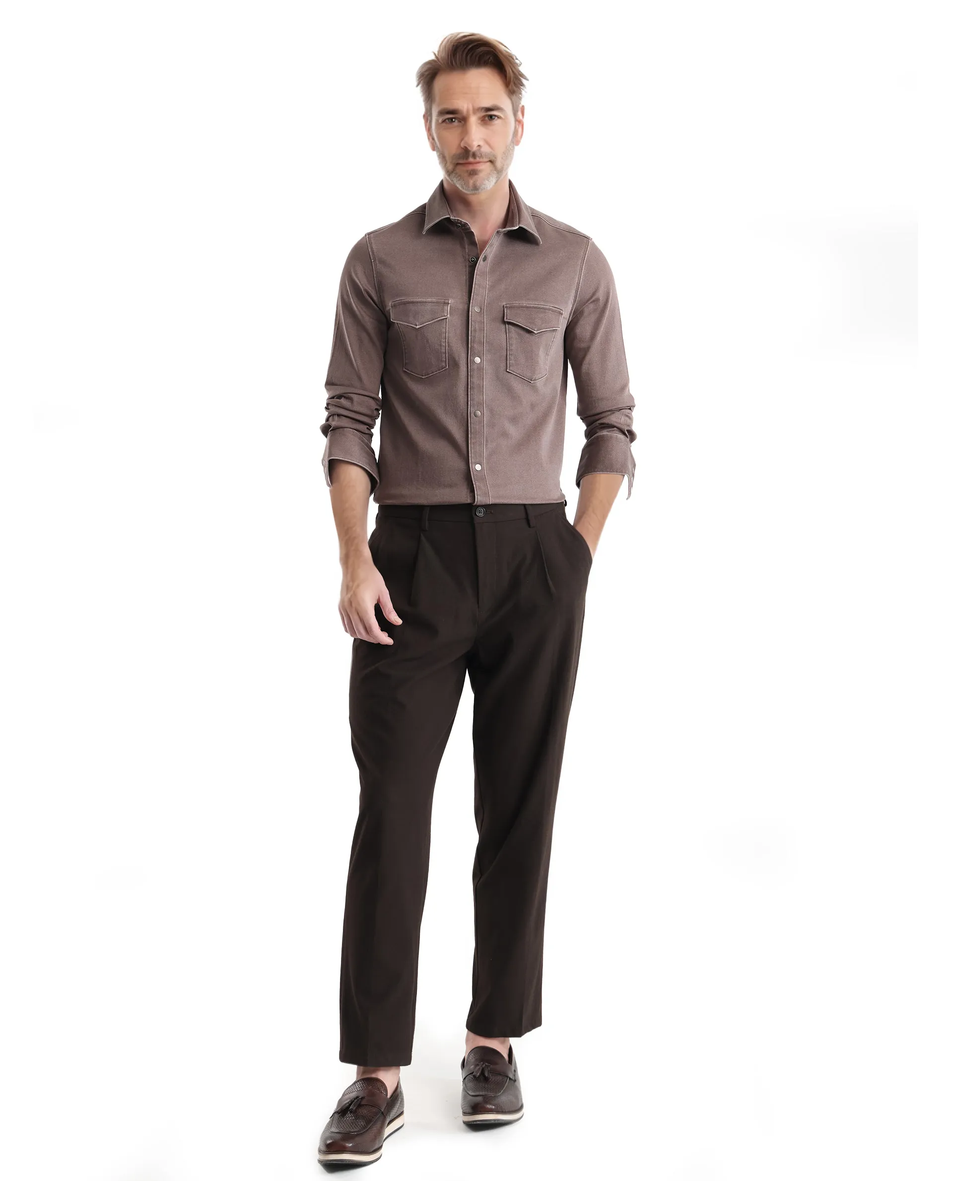 Rare Rabbit Men's Xenor Brown Cotton Plain Regular Fit Full Sleeve Collared Shirt - Image 2
