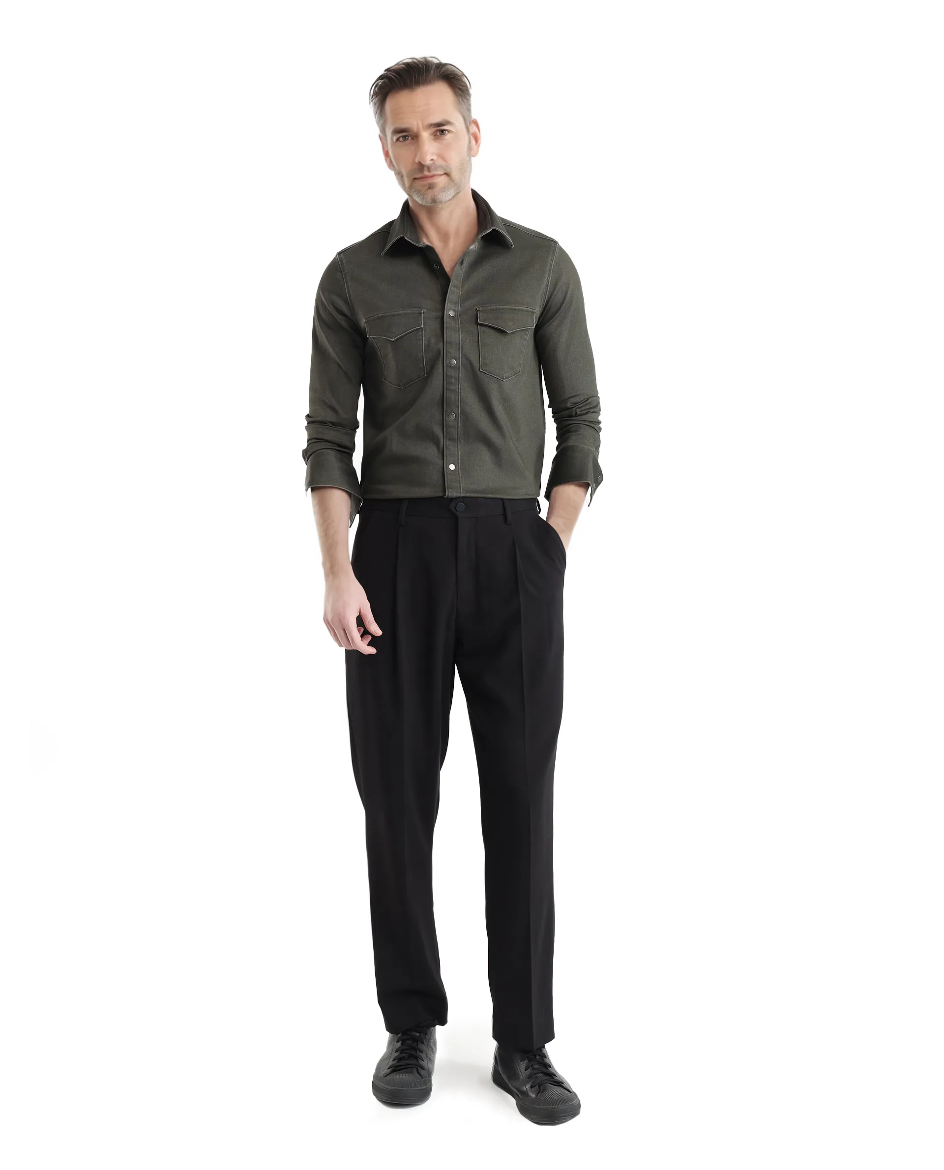 Rare Rabbit Men's Xenor Olive Cotton Plain Regular Fit Full Sleeve Collared Shirt - Image 2