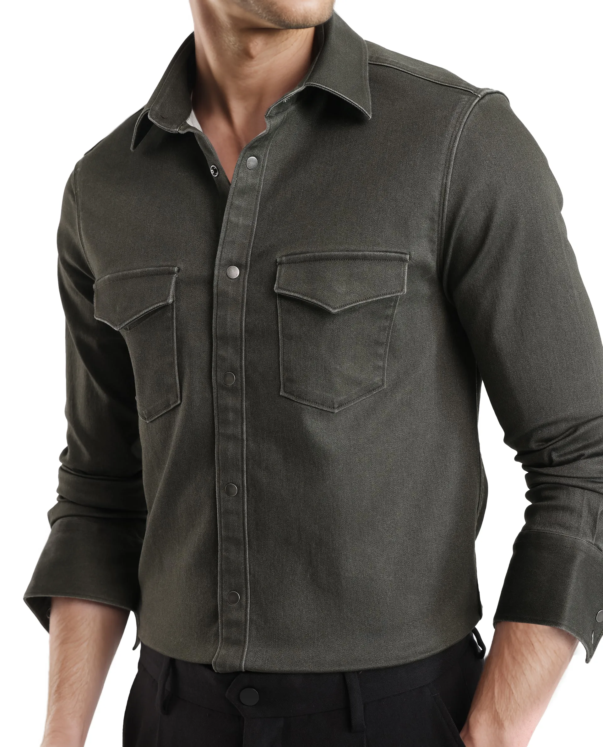 Rare Rabbit Men's Xenor Olive Cotton Plain Regular Fit Full Sleeve Collared Shirt - Image 3