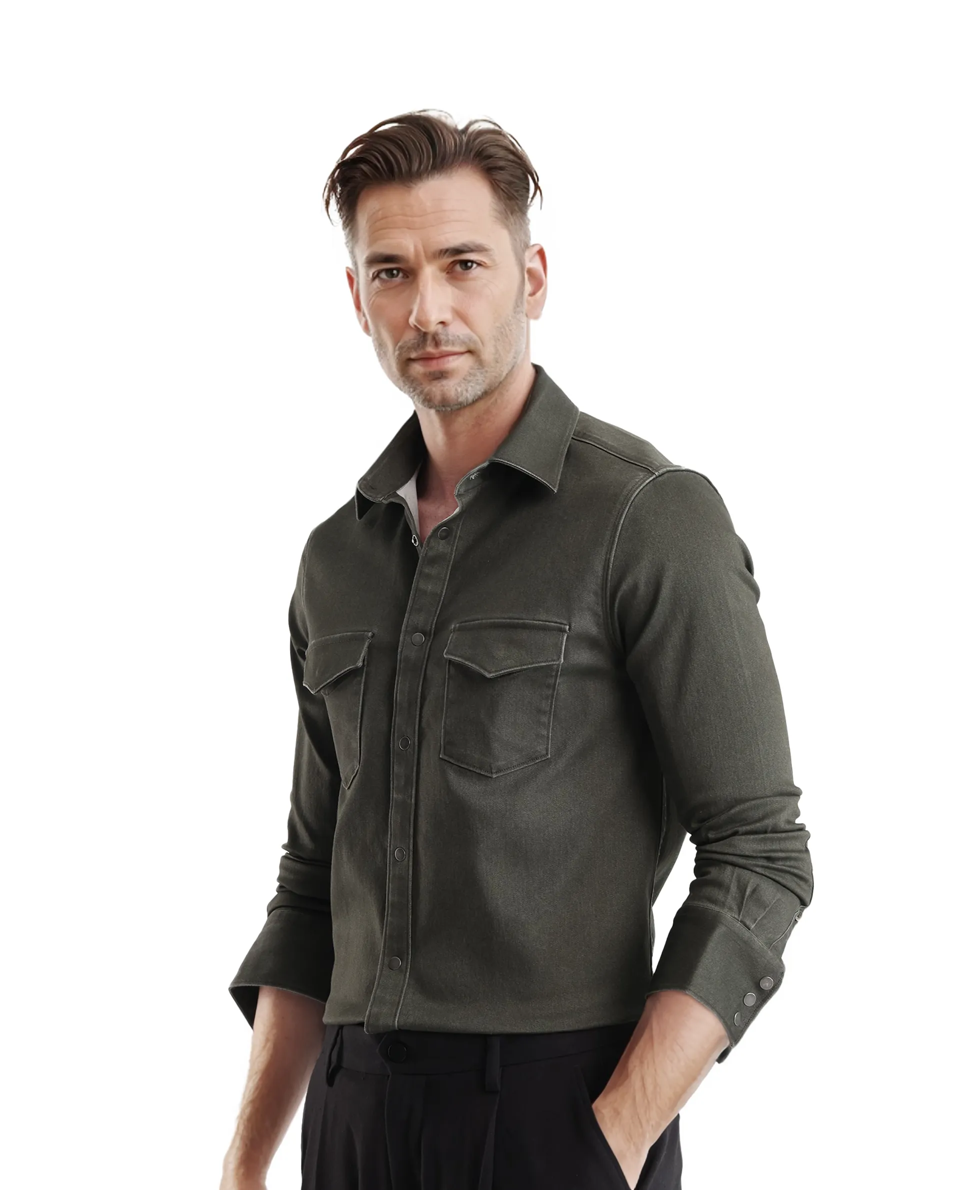 Rare Rabbit Men's Xenor Olive Cotton Plain Regular Fit Full Sleeve Collared Shirt - Image 8