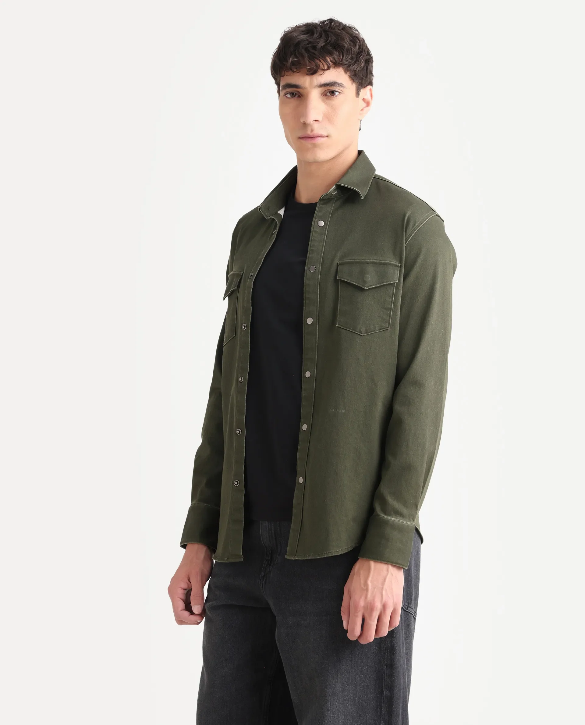 Rare Rabbit Men's Xenor 25 Dark Olive Cotton Plain Regular Fit Full Sleeve Collared Shirt - Image 5