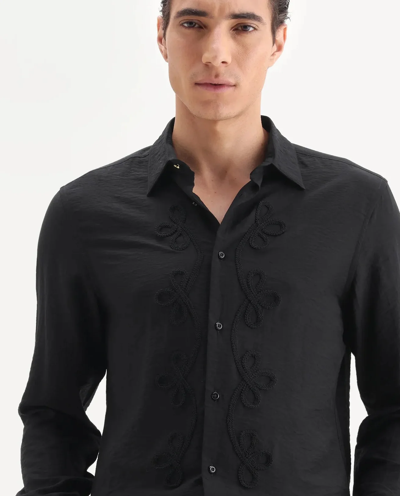 Rare Rabbit Men's Xeron Black Viscose Blend Fabric Collared Neck Regular Fit Embroidered Shirt - Image 2
