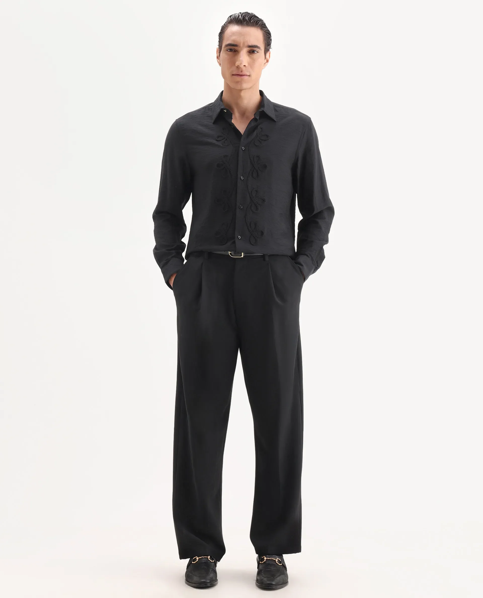 Rare Rabbit Men's Xeron Black Viscose Blend Fabric Collared Neck Regular Fit Embroidered Shirt - Image 3