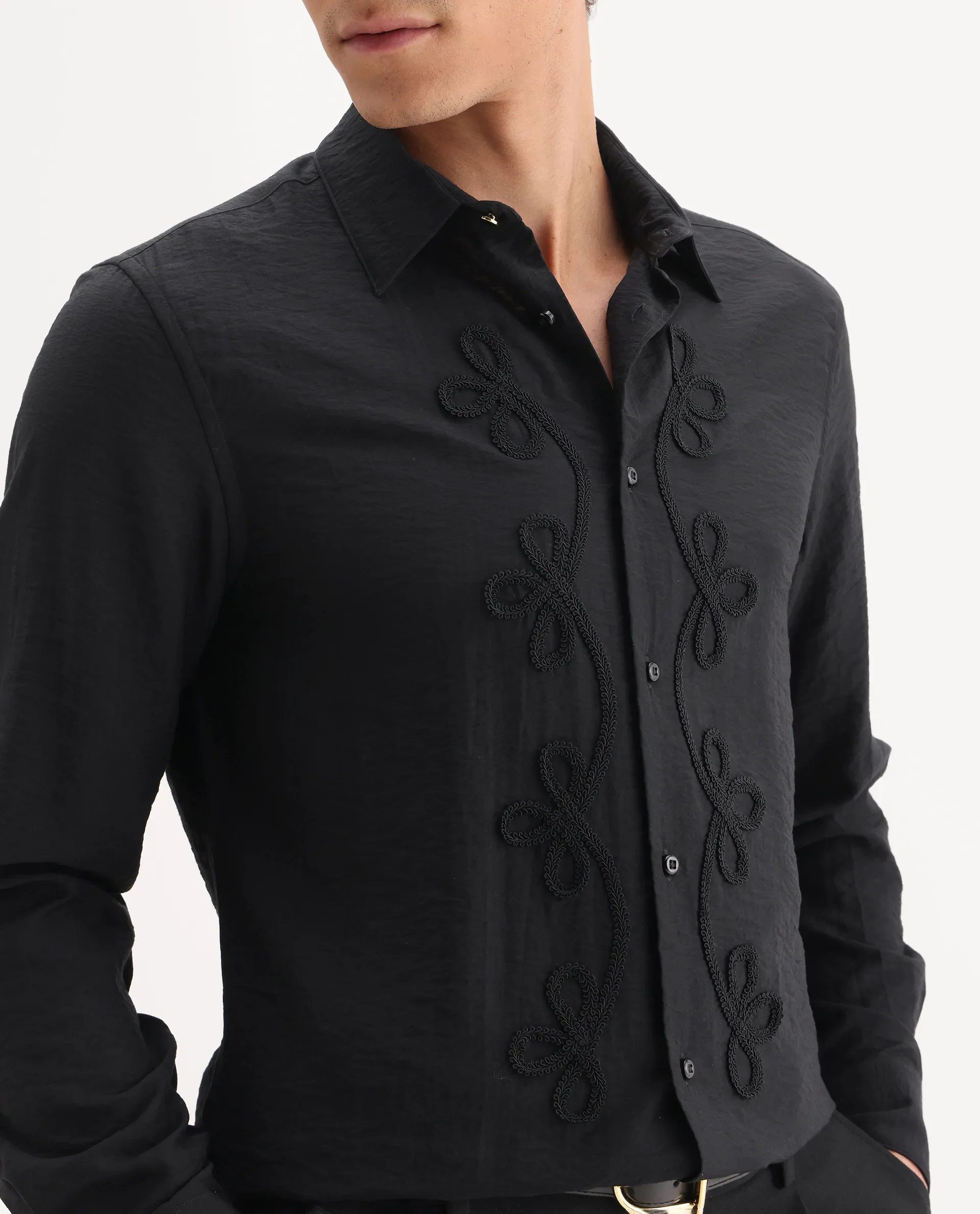 Rare Rabbit Men's Xeron Black Viscose Blend Fabric Collared Neck Regular Fit Embroidered Shirt - Image 4