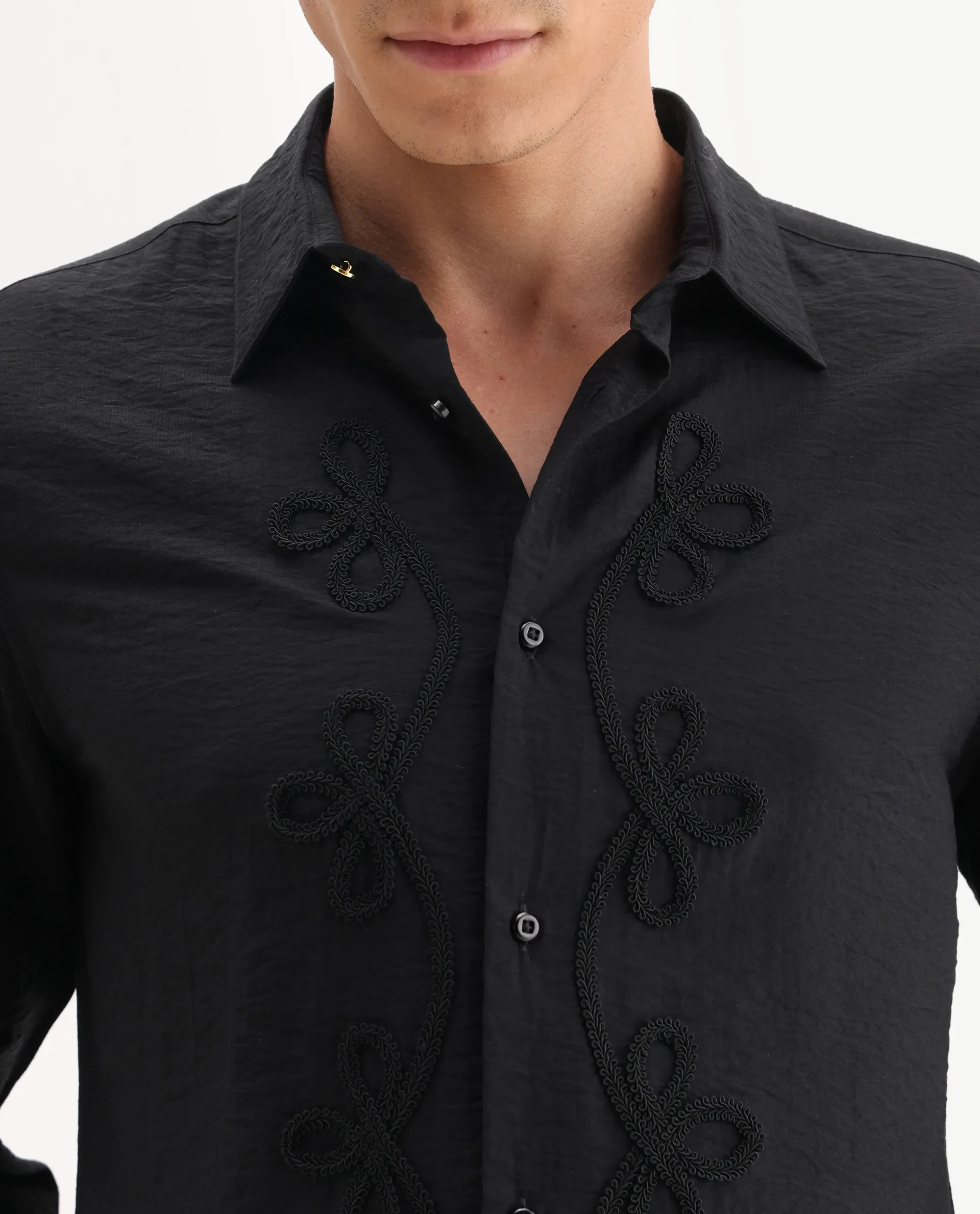 Rare Rabbit Men's Xeron Black Viscose Blend Fabric Collared Neck Regular Fit Embroidered Shirt - Image 5