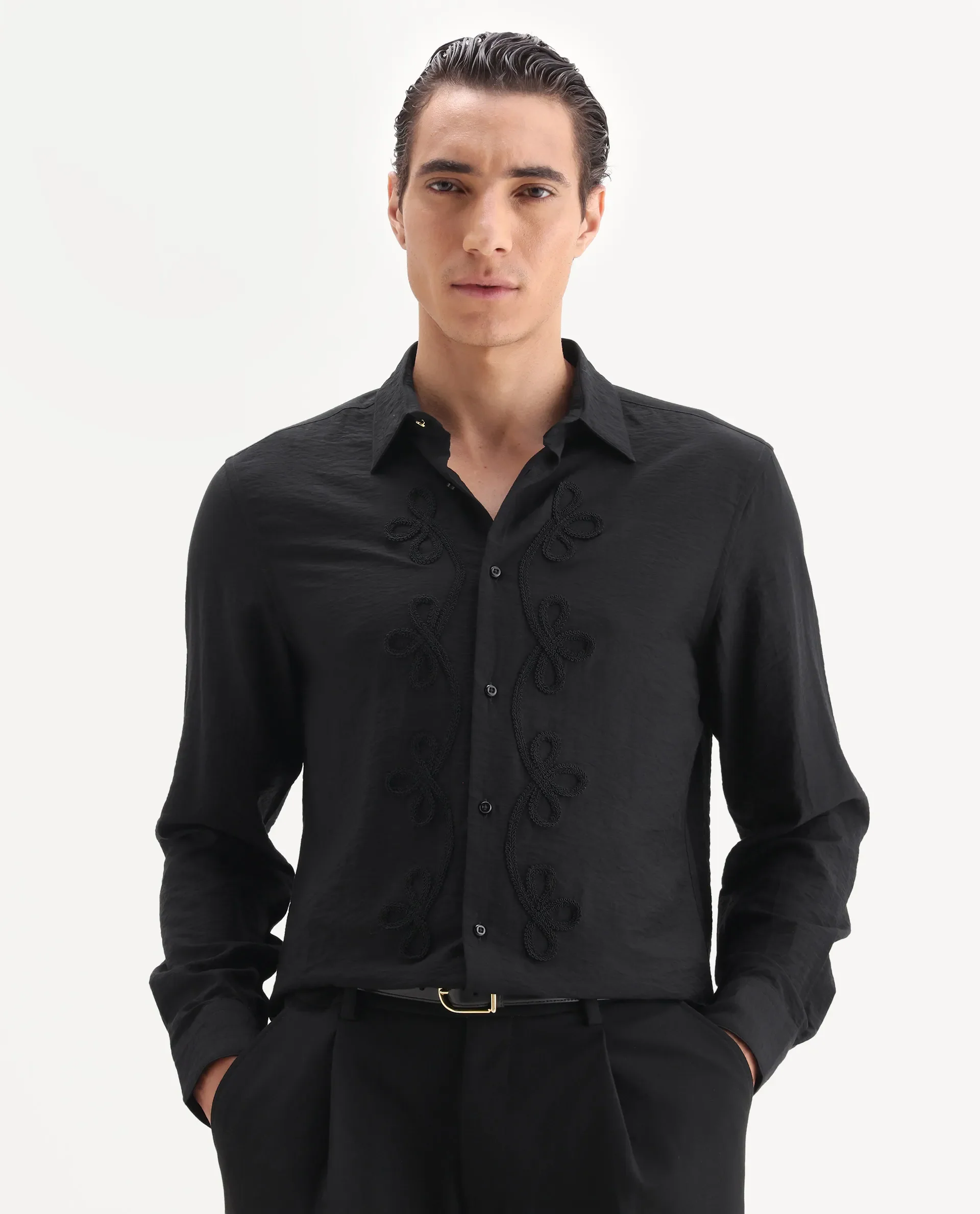 Rare Rabbit Men's Xeron Black Viscose Blend Fabric Collared Neck Regular Fit Embroidered Shirt - Image 6