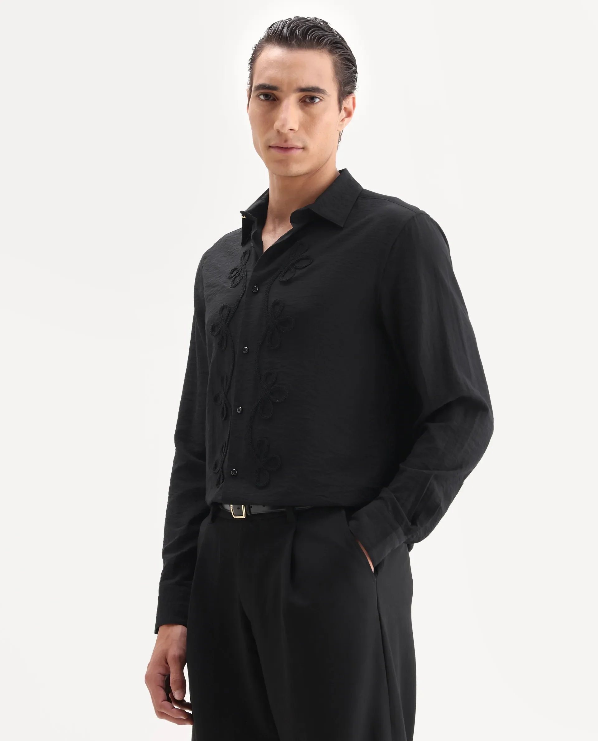 Rare Rabbit Men's Xeron Black Viscose Blend Fabric Collared Neck Regular Fit Embroidered Shirt - Image 7