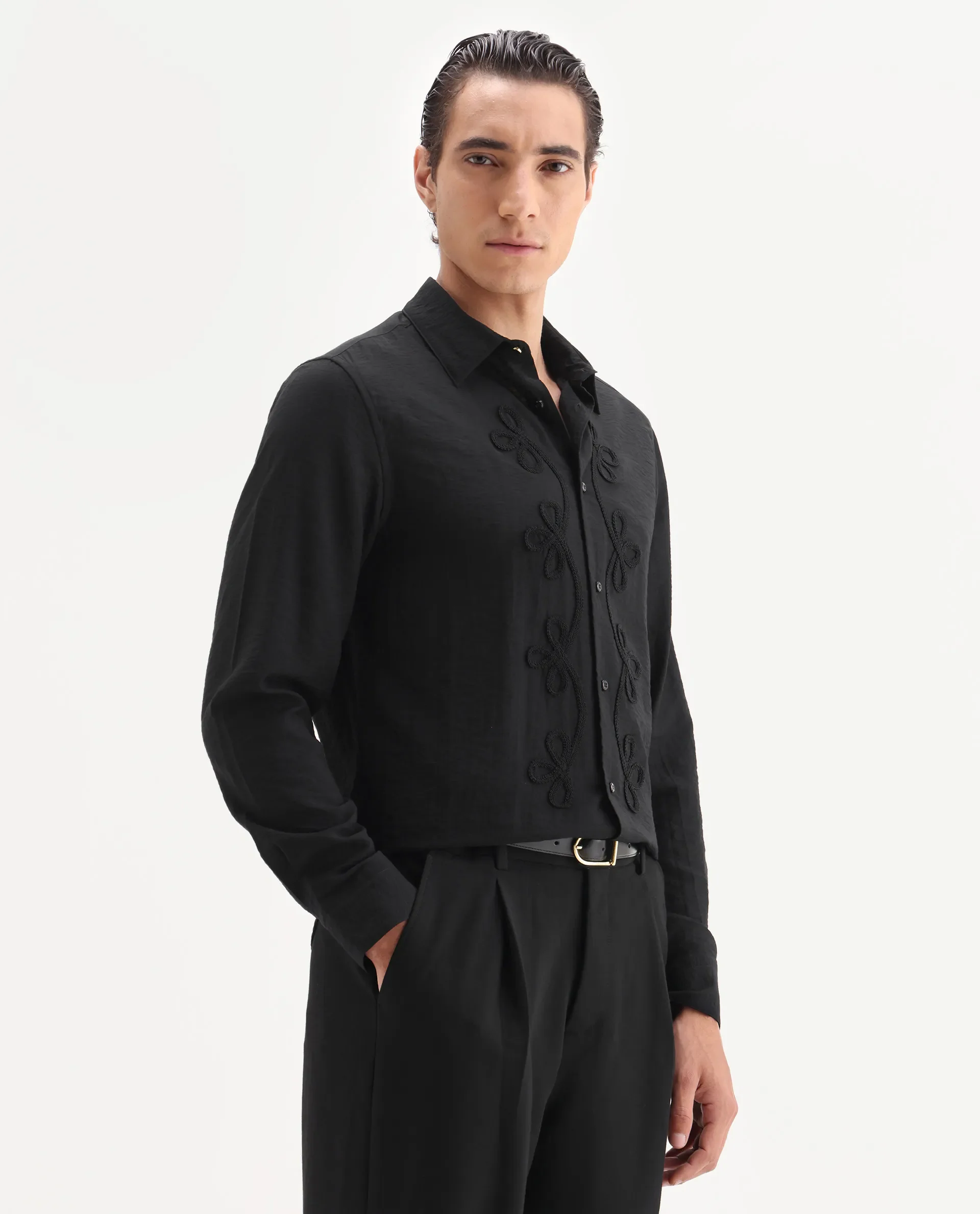 Rare Rabbit Men's Xeron Black Viscose Blend Fabric Collared Neck Regular Fit Embroidered Shirt - Image 8