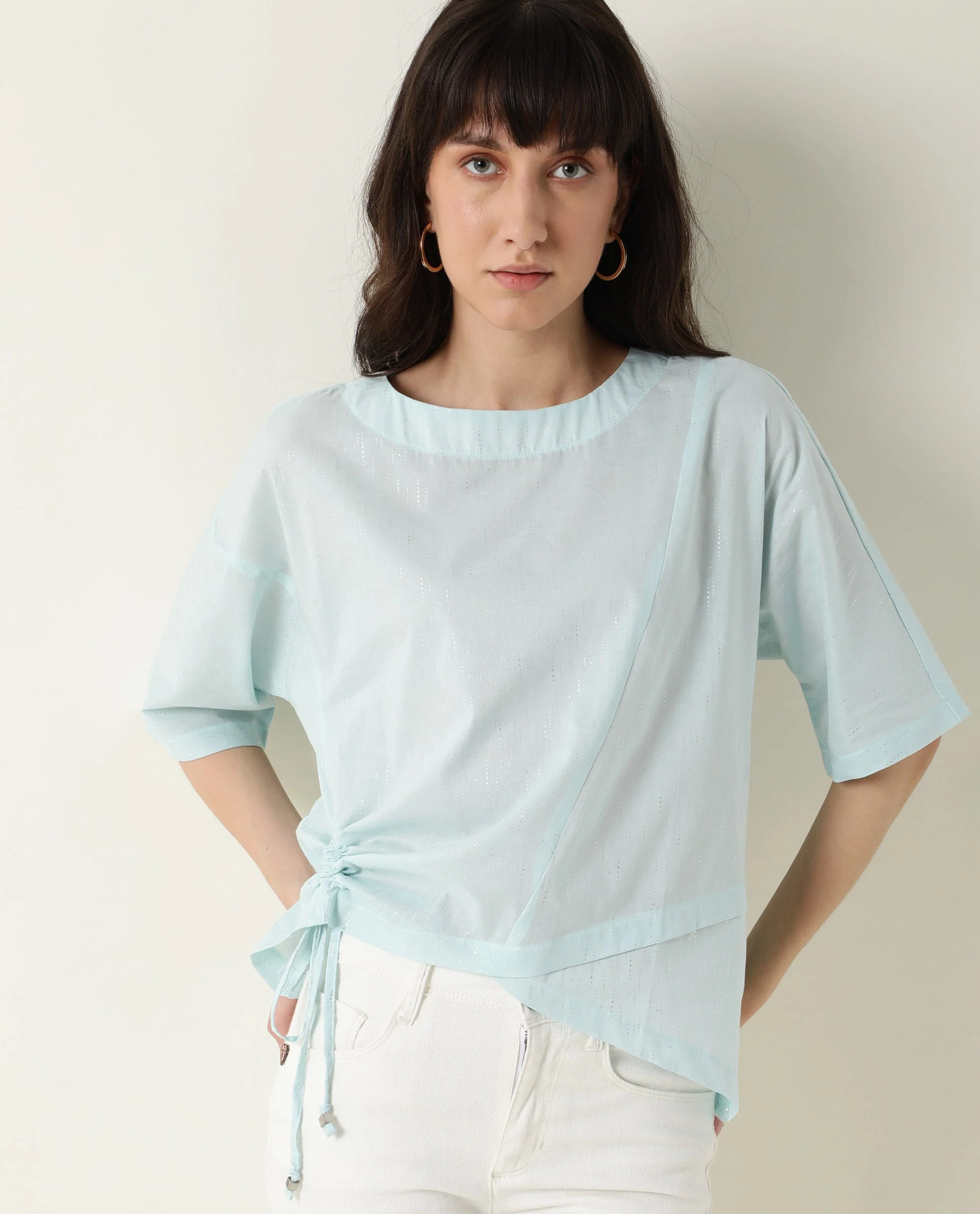 Rareism Women's Xerox Turq Cotton Boat Neck Plain Regular Fit Top