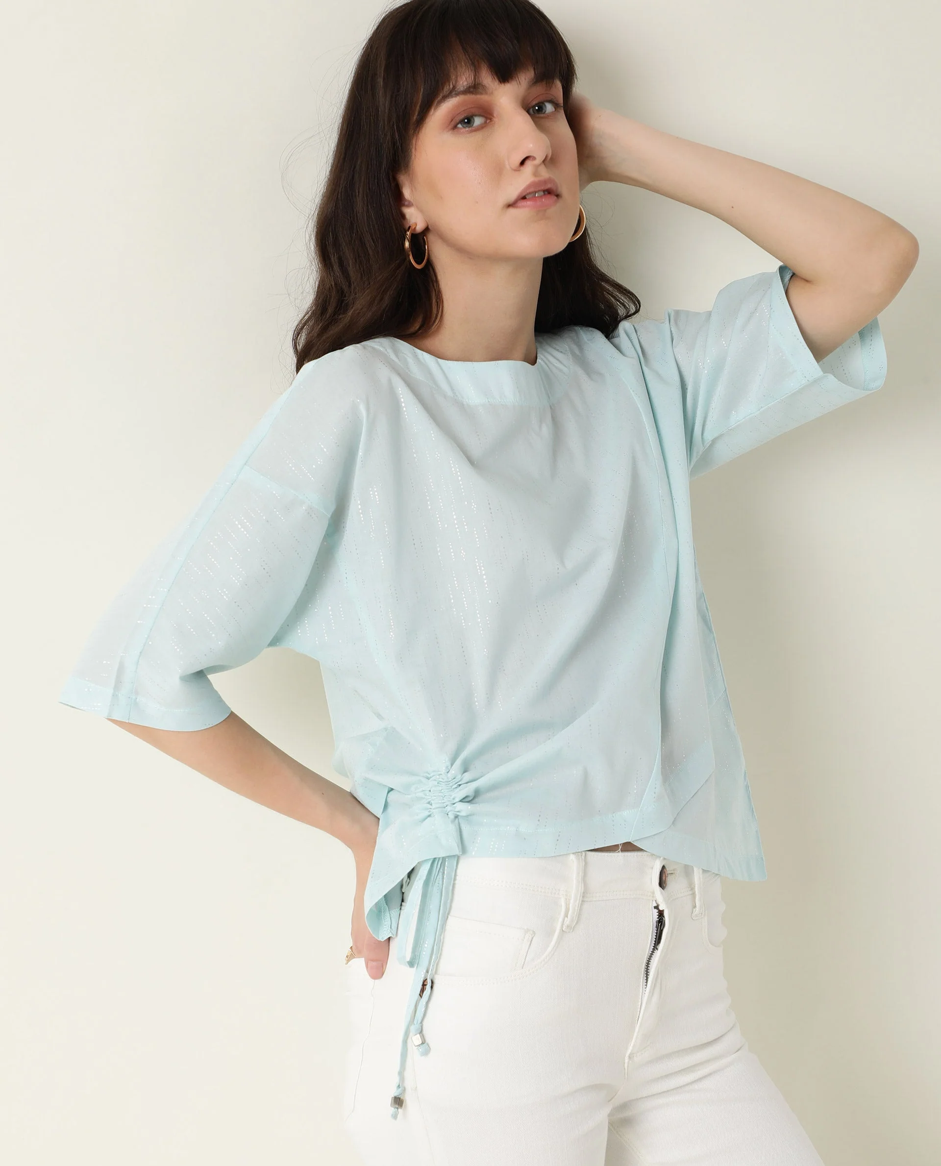 Rareism Women's Xerox Turq Cotton Boat Neck Plain Regular Fit Top - Image 4