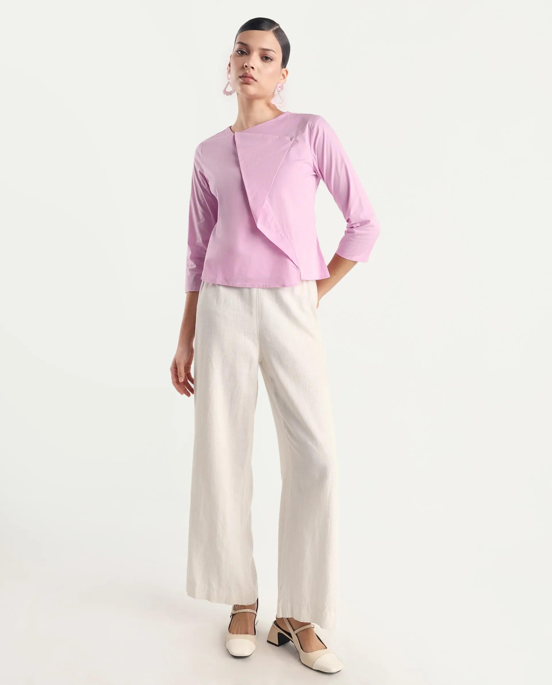 Rareism Women's Xew Light Pink Cotton Blend Asymmetric Neck Plain Regular Fit Top - Image 2
