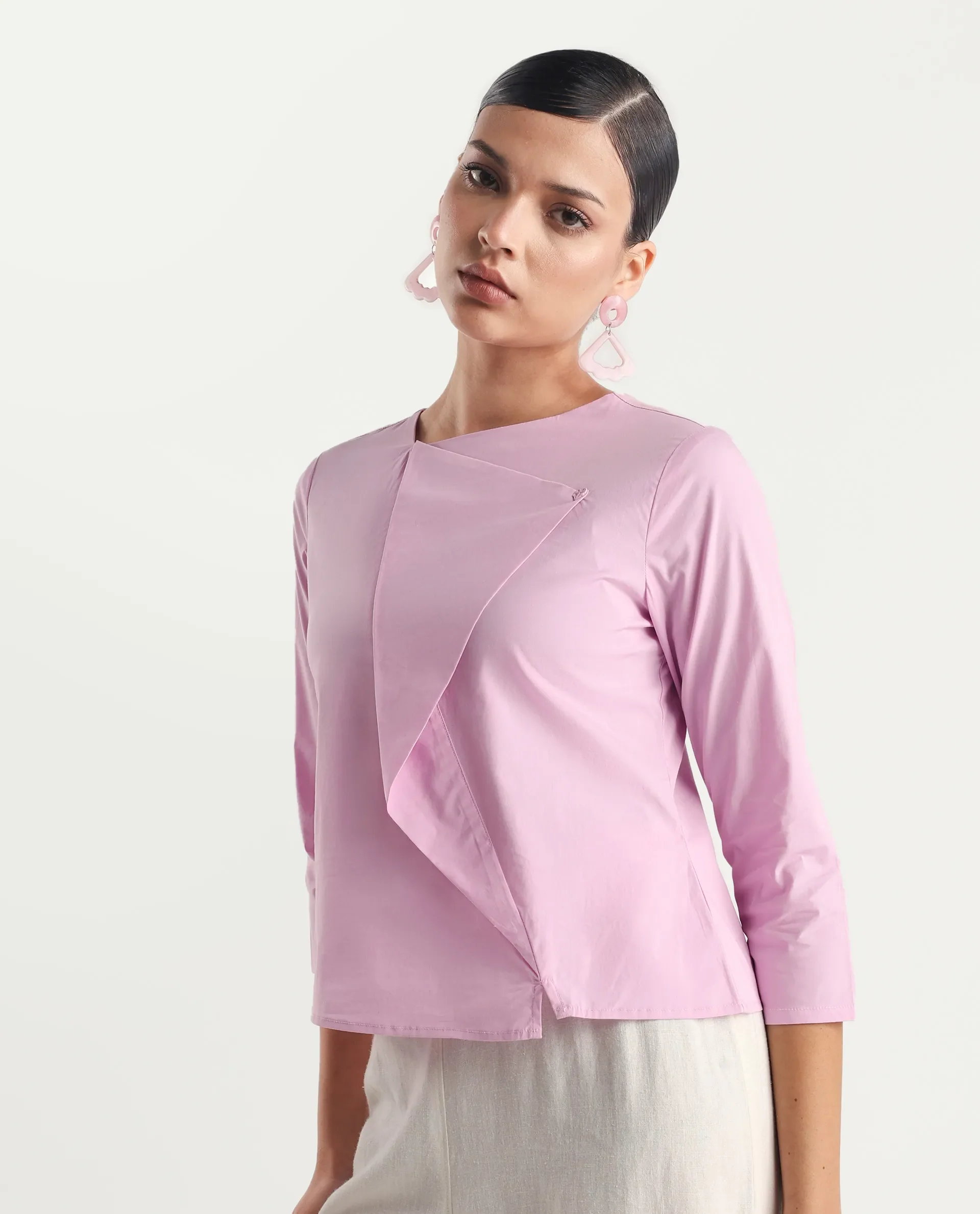 Rareism Women's Xew Light Pink Cotton Blend Asymmetric Neck Plain Regular Fit Top - Image 4