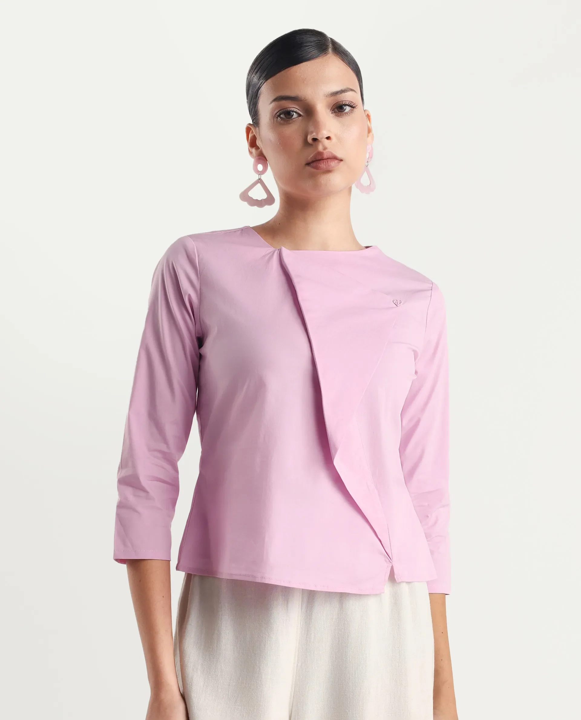 Rareism Women's Xew Light Pink Cotton Blend Asymmetric Neck Plain Regular Fit Top - Image 5
