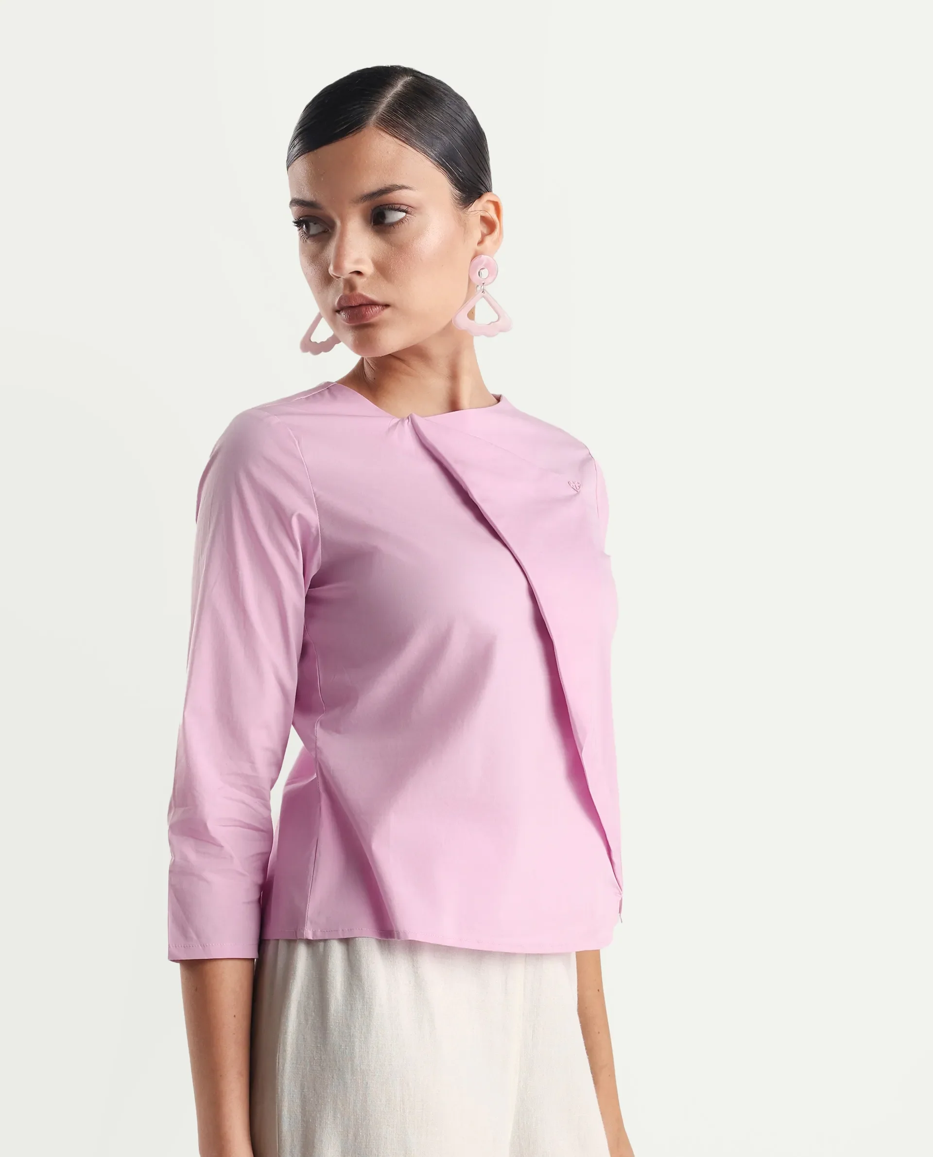 Rareism Women's Xew Light Pink Cotton Blend Asymmetric Neck Plain Regular Fit Top - Image 6