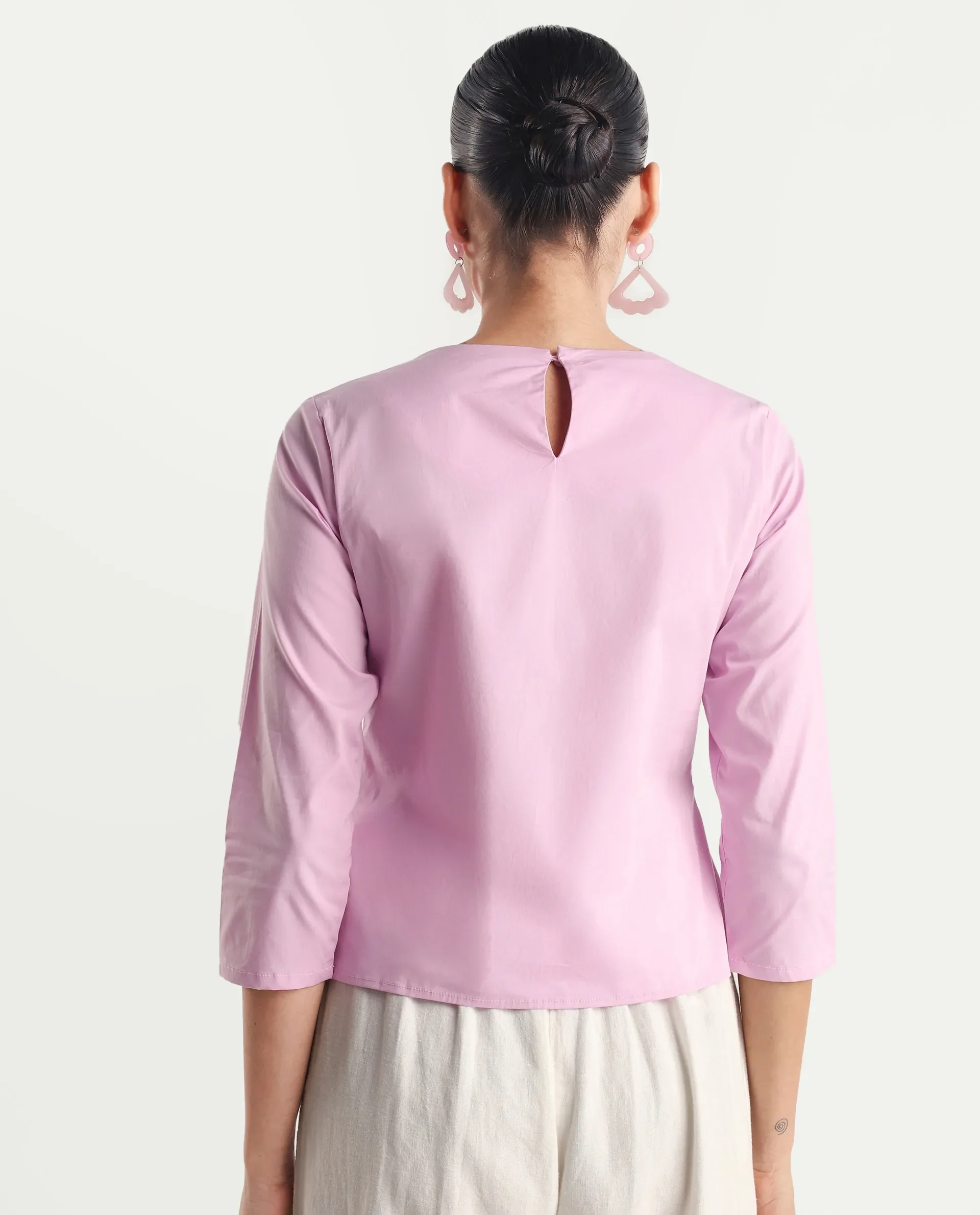 Rareism Women's Xew Light Pink Cotton Blend Asymmetric Neck Plain Regular Fit Top - Image 7