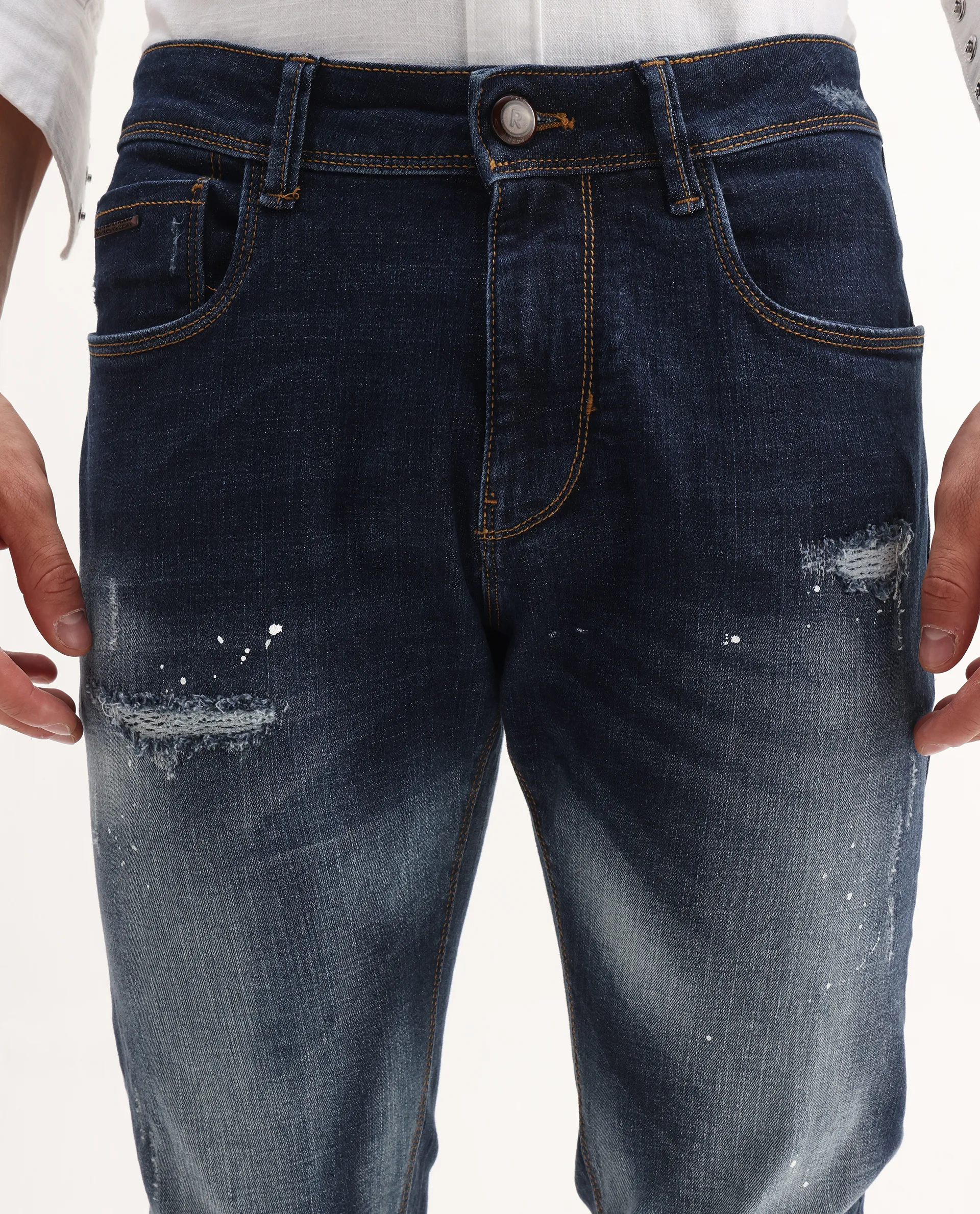 Rare Rabbit Men's Xian Blue Cotton Blend Plain Hawk Slim Fit Jeans - Image 4