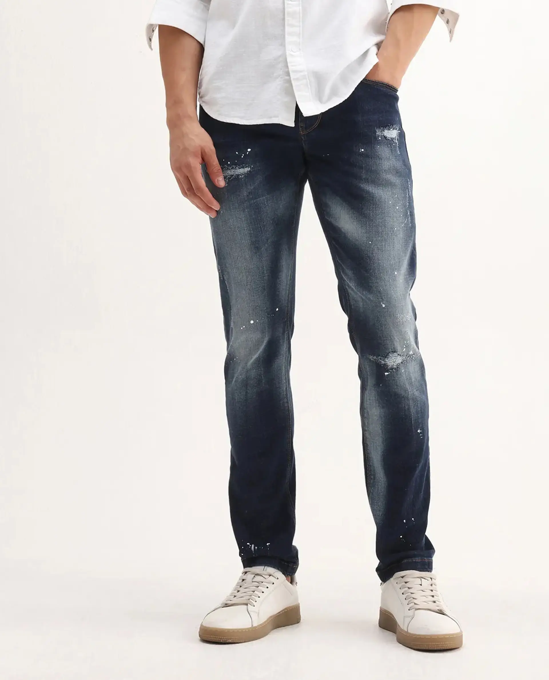 Rare Rabbit Men's Xian Blue Cotton Blend Plain Hawk Slim Fit Jeans - Image 9