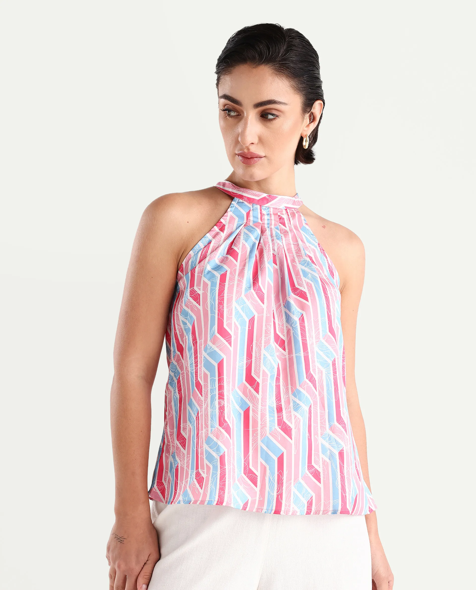 Rareism Women's Xico Light Multi Polyester Halter Neck Geometric Print Sleeveless Regular Fit Top